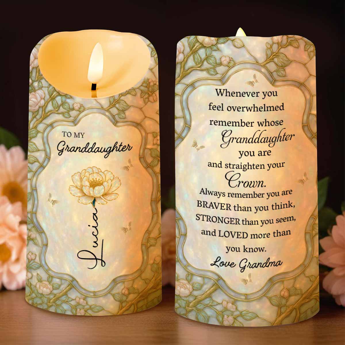 Remember Whose Granddaughter You Are, Crown And Flowers - Personalized Custom LED Candle - GDT378_LECA