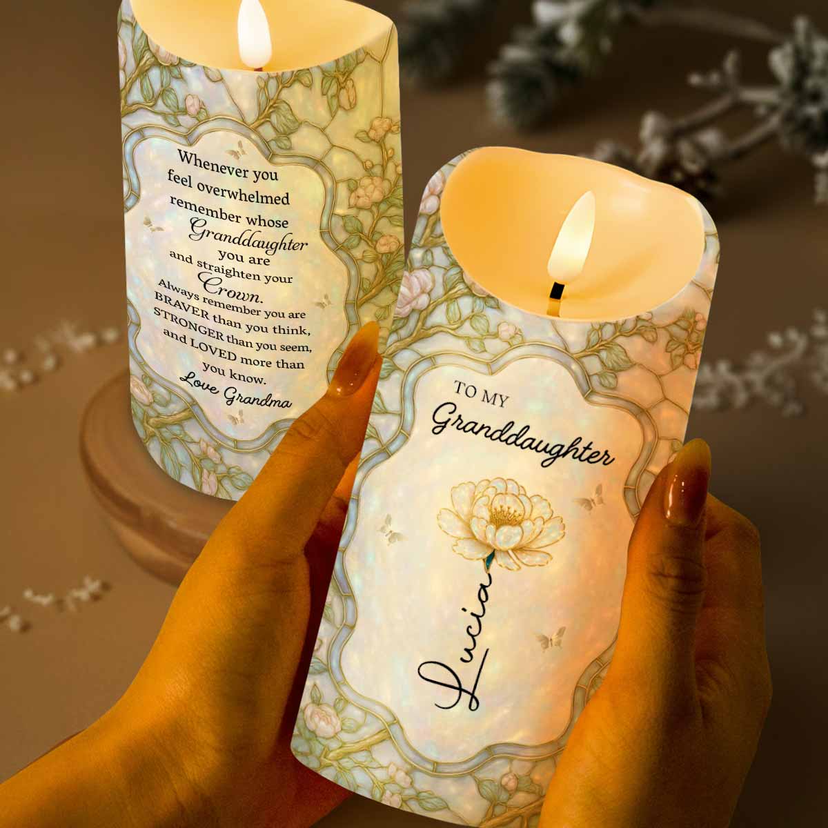 Remember Whose Granddaughter You Are, Crown And Flowers - Personalized Custom LED Candle - GDT378_LECA