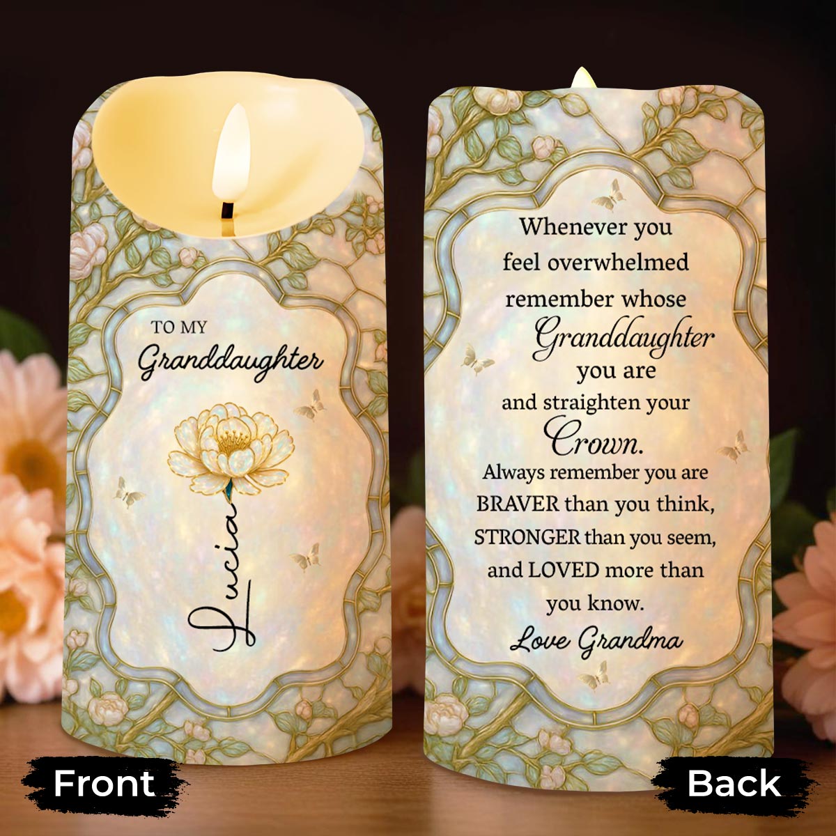 Remember Whose Granddaughter You Are, Crown And Flowers - Personalized Custom LED Candle - GDT378_LECA