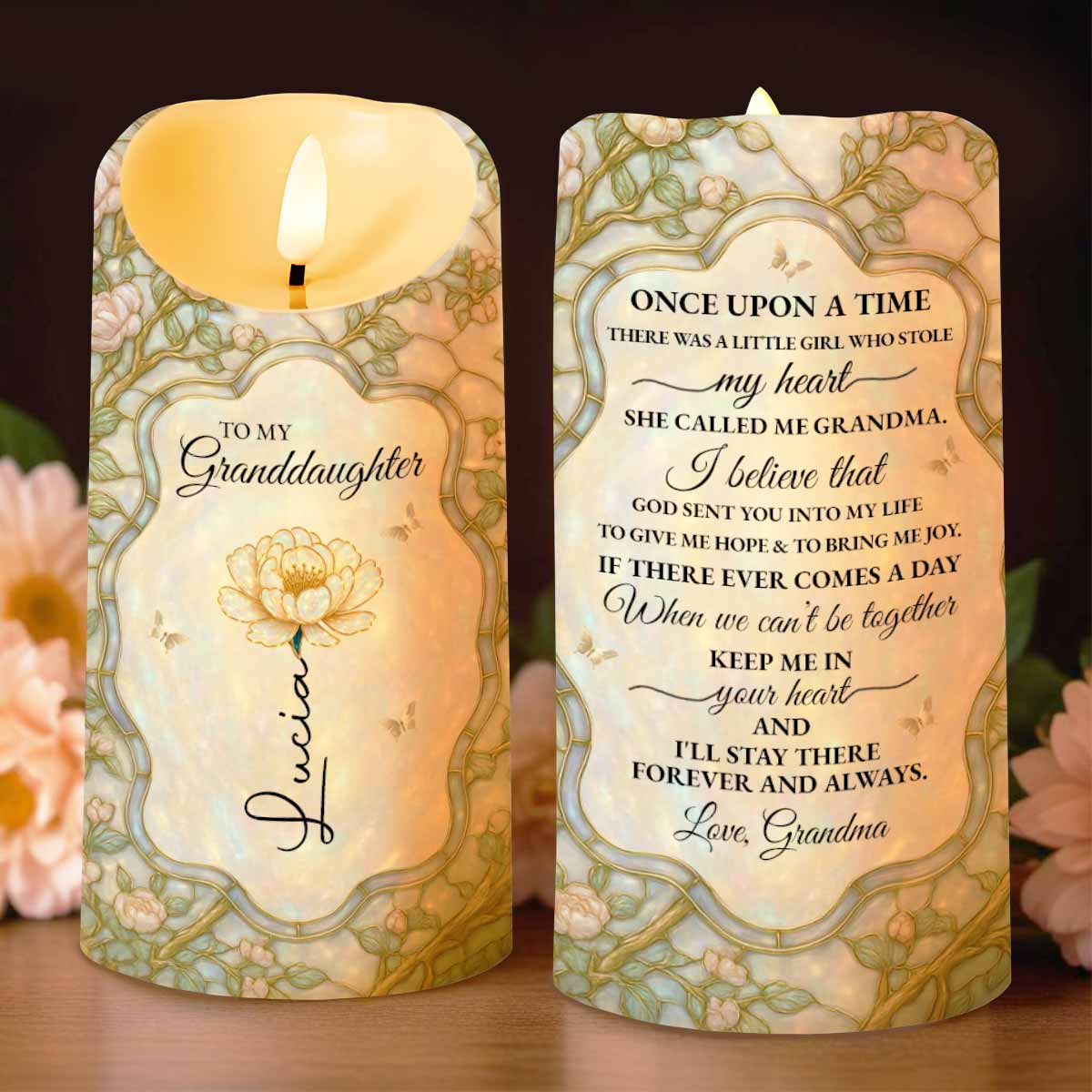 Once Upon A Time Keepsake Candle With Flowers - Personalized Custom LED Candle - GDT379_LECA