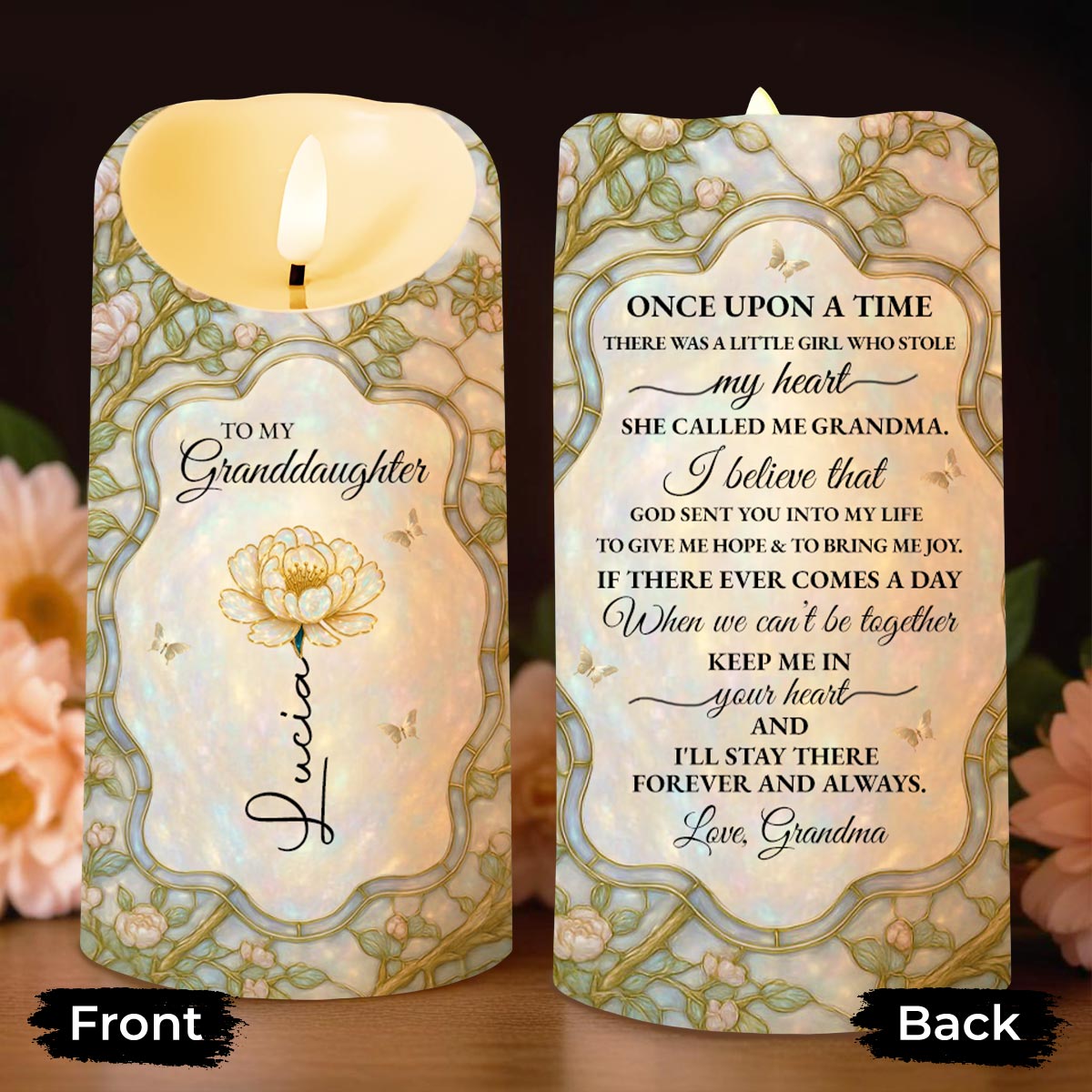 Once Upon A Time Keepsake Candle With Flowers - Personalized Custom LED Candle - GDT379_LECA