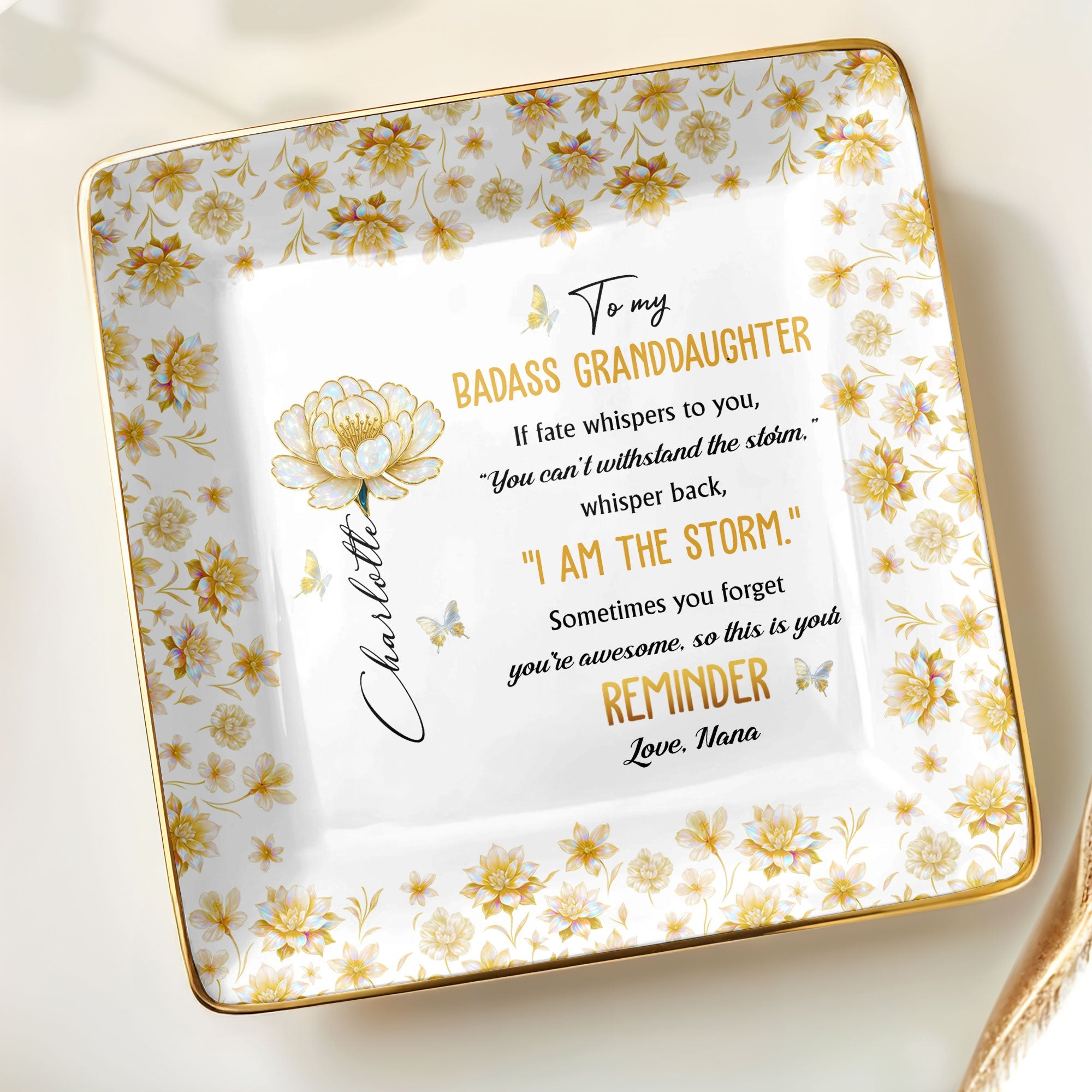 To My Badass Granddaughter, Flowers And Butterflies Reminder - Personalized Custom Jewelry Dish, Ceramic Dish, Square Shape - GDT382_SCRF