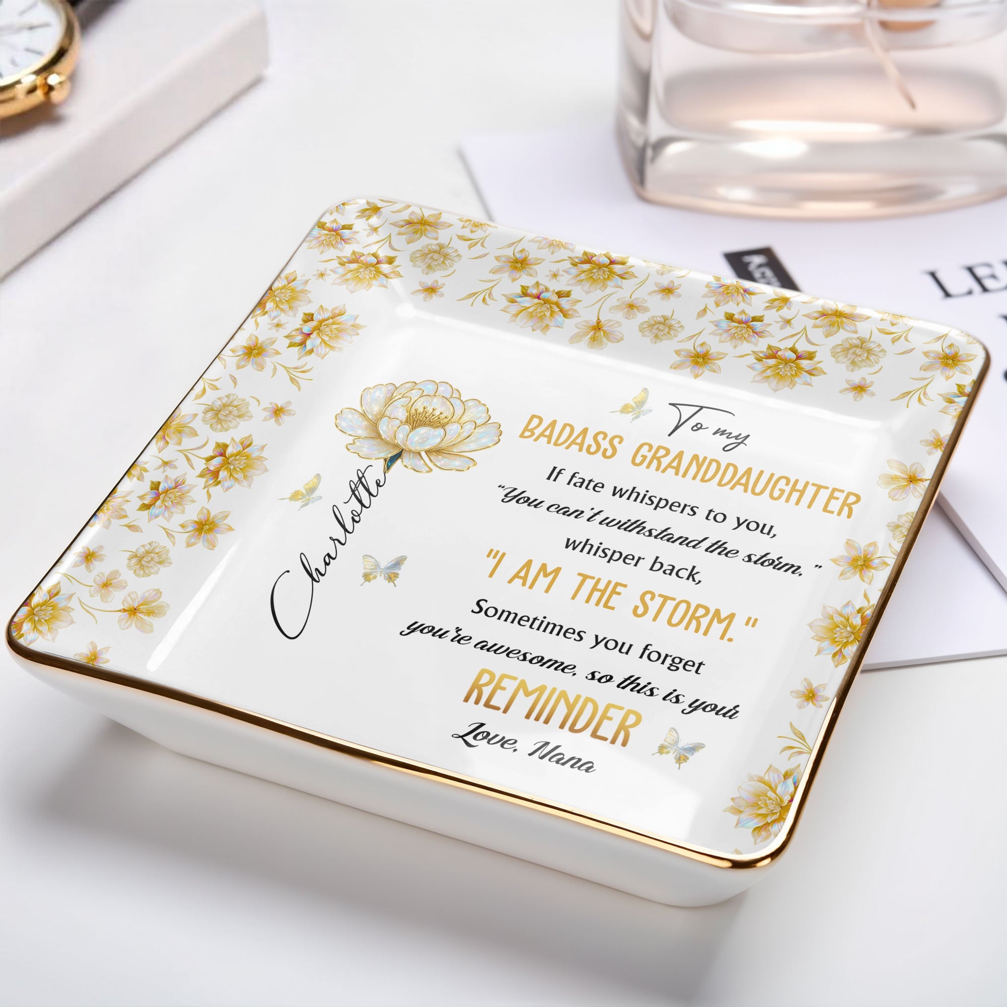 To My Badass Granddaughter, Flowers And Butterflies Reminder - Personalized Custom Jewelry Dish, Ceramic Dish, Square Shape - GDT382_SCRF
