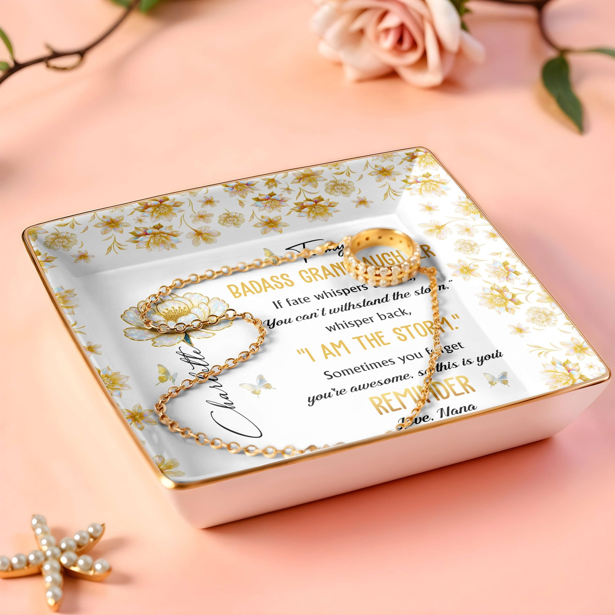 To My Badass Granddaughter, Flowers And Butterflies Reminder - Personalized Custom Jewelry Dish, Ceramic Dish, Square Shape - GDT382_SCRF
