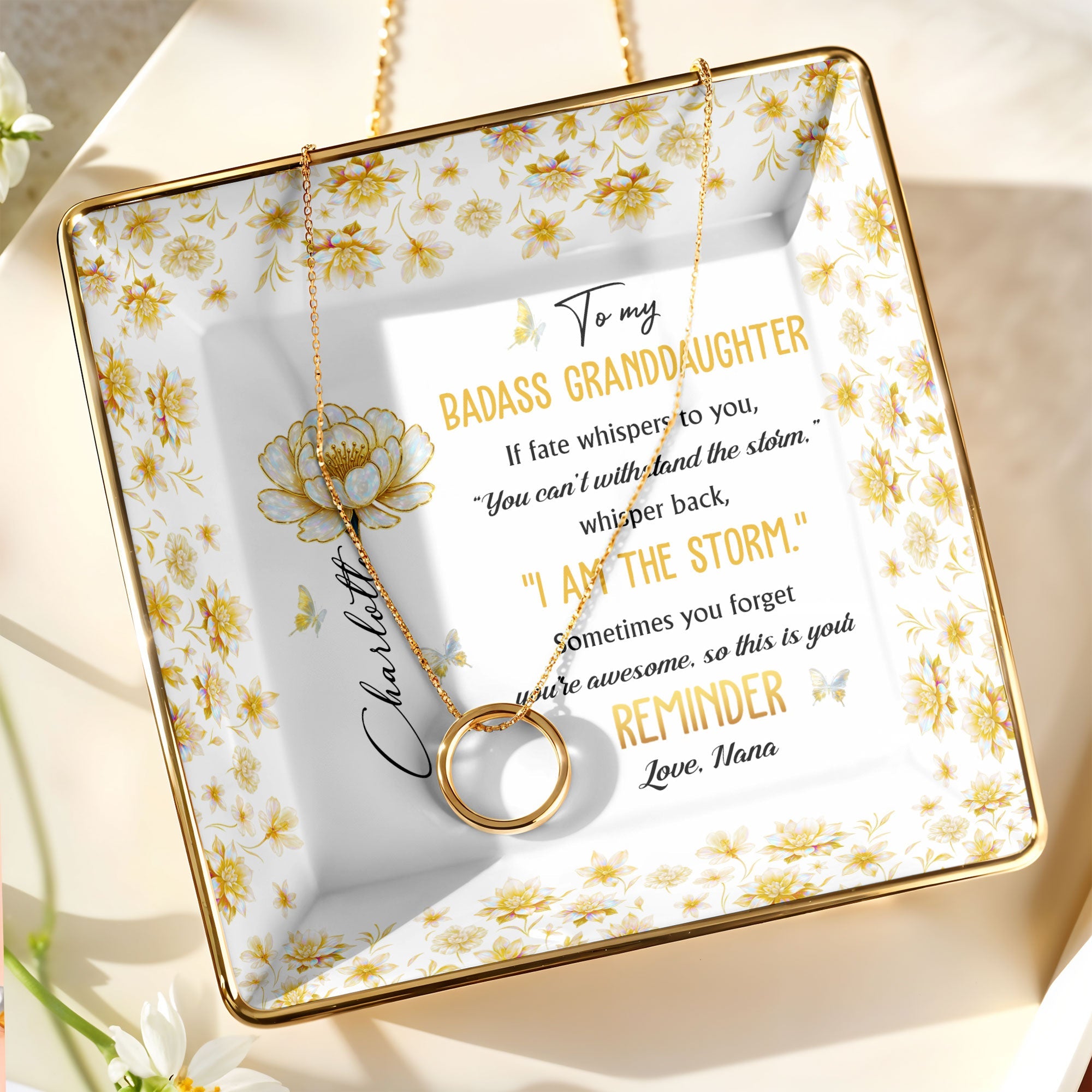 To My Badass Granddaughter, Flowers And Butterflies Reminder - Personalized Custom Jewelry Dish, Ceramic Dish, Square Shape - GDT382_SCRF
