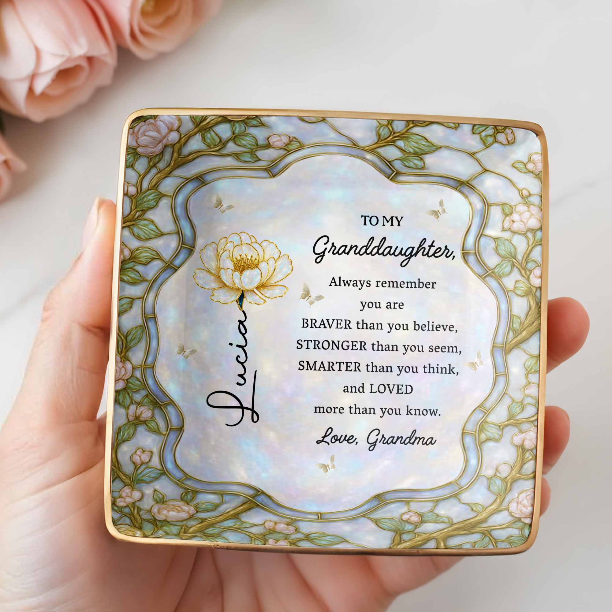 Always Remember, You Are Braver, Flowers Design - Personalized Custom Jewelry Dish, Ceramic Dish, Square Shape - GDT384_SCRF