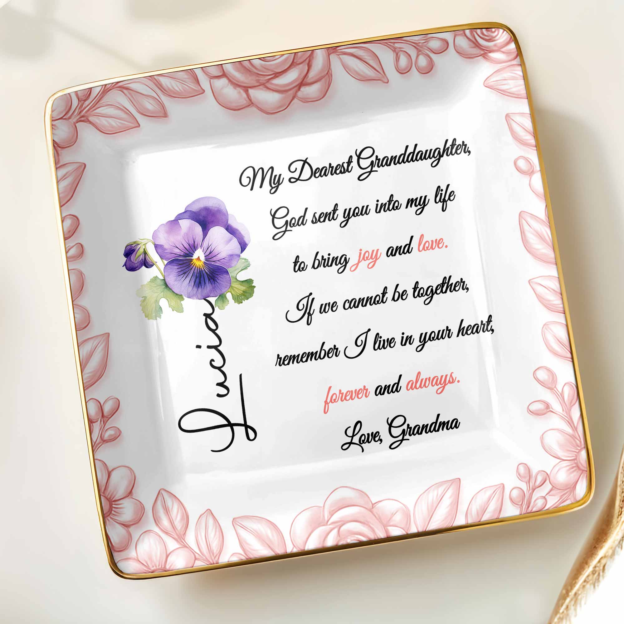 My Dearest Granddaughter, Flowers and Love Message - Personalized Custom Jewelry Dish, Ceramic Dish, Square Shape - GDT388_SCRF