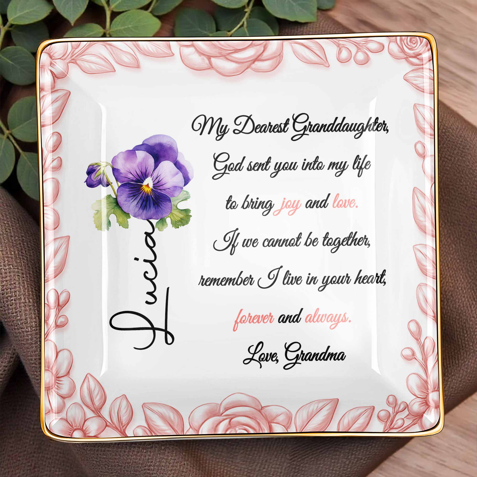My Dearest Granddaughter, Flowers and Love Message - Personalized Custom Jewelry Dish, Ceramic Dish, Square Shape - GDT388_SCRF
