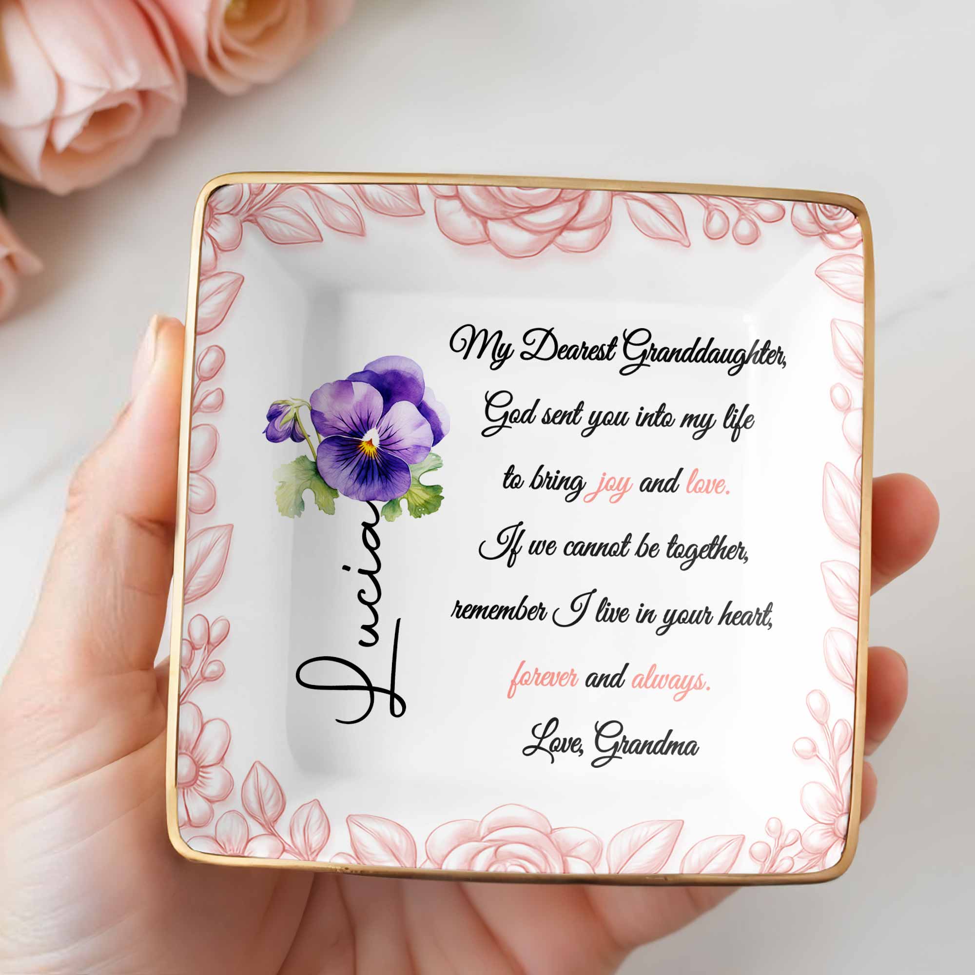 My Dearest Granddaughter, Flowers and Love Message - Personalized Custom Jewelry Dish, Ceramic Dish, Square Shape - GDT388_SCRF