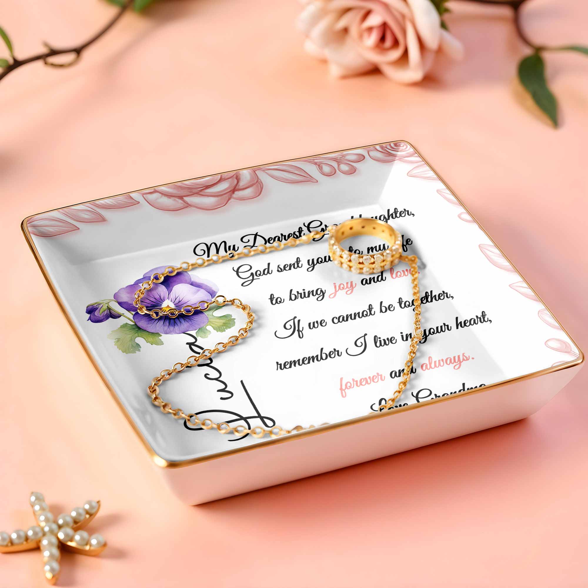 My Dearest Granddaughter, Flowers and Love Message - Personalized Custom Jewelry Dish, Ceramic Dish, Square Shape - GDT388_SCRF