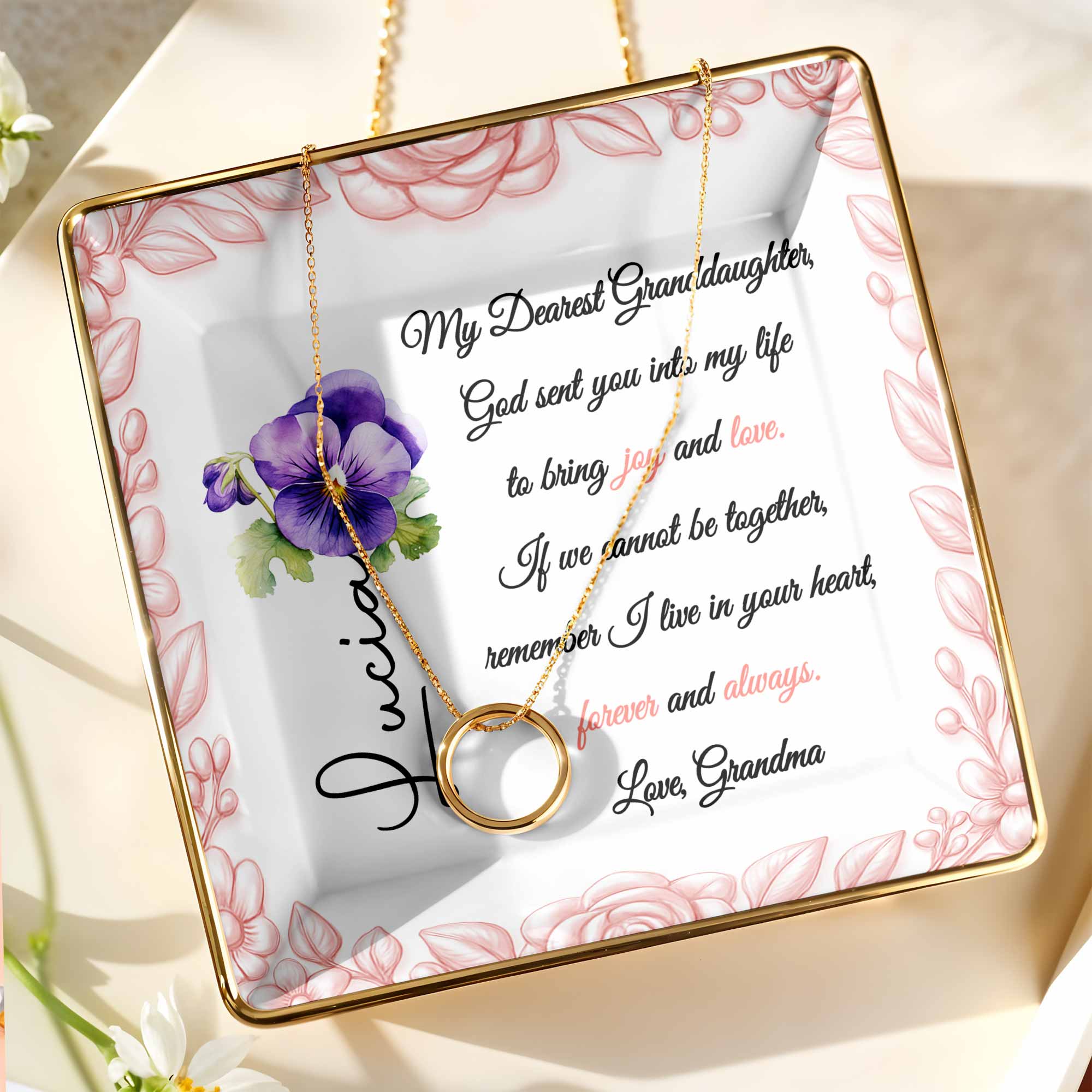 My Dearest Granddaughter, Flowers and Love Message - Personalized Custom Jewelry Dish, Ceramic Dish, Square Shape - GDT388_SCRF