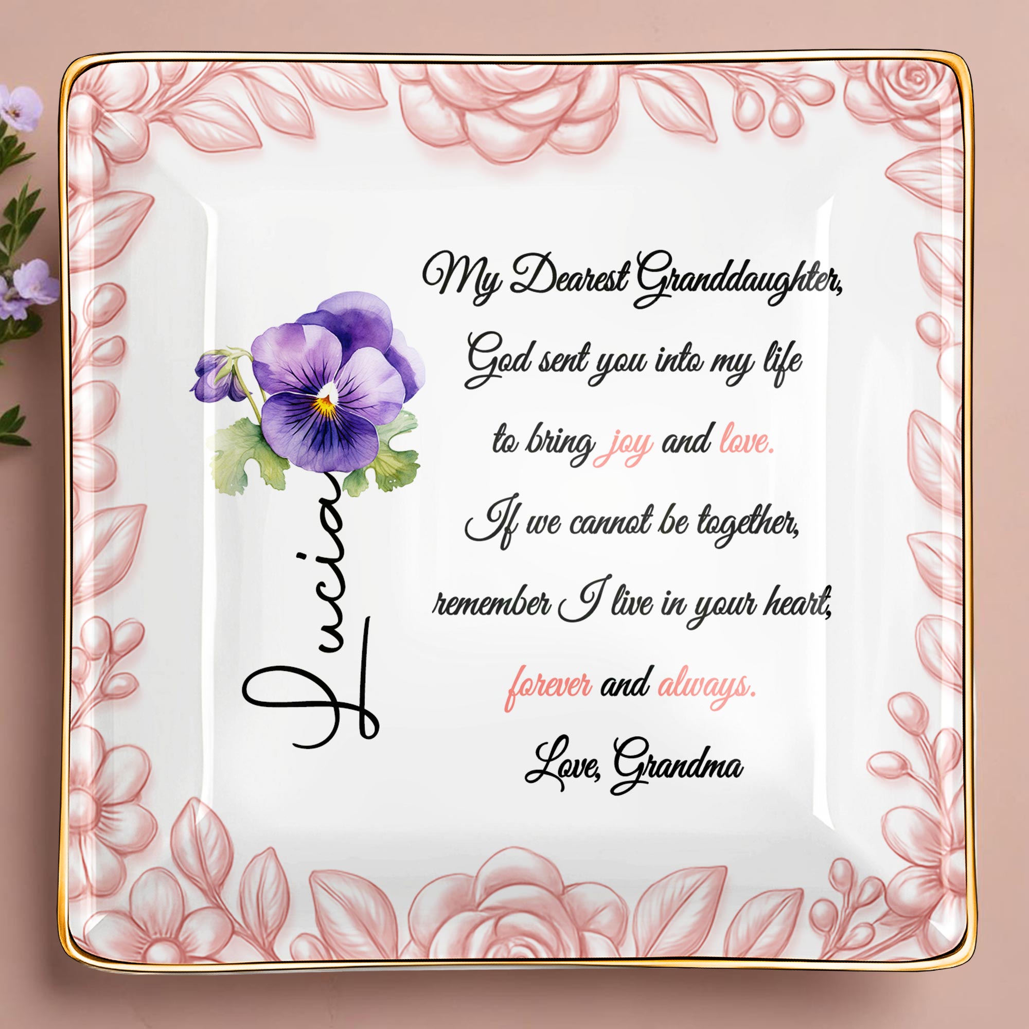My Dearest Granddaughter, Flowers and Love Message - Personalized Custom Jewelry Dish, Ceramic Dish, Square Shape - GDT388_SCRF