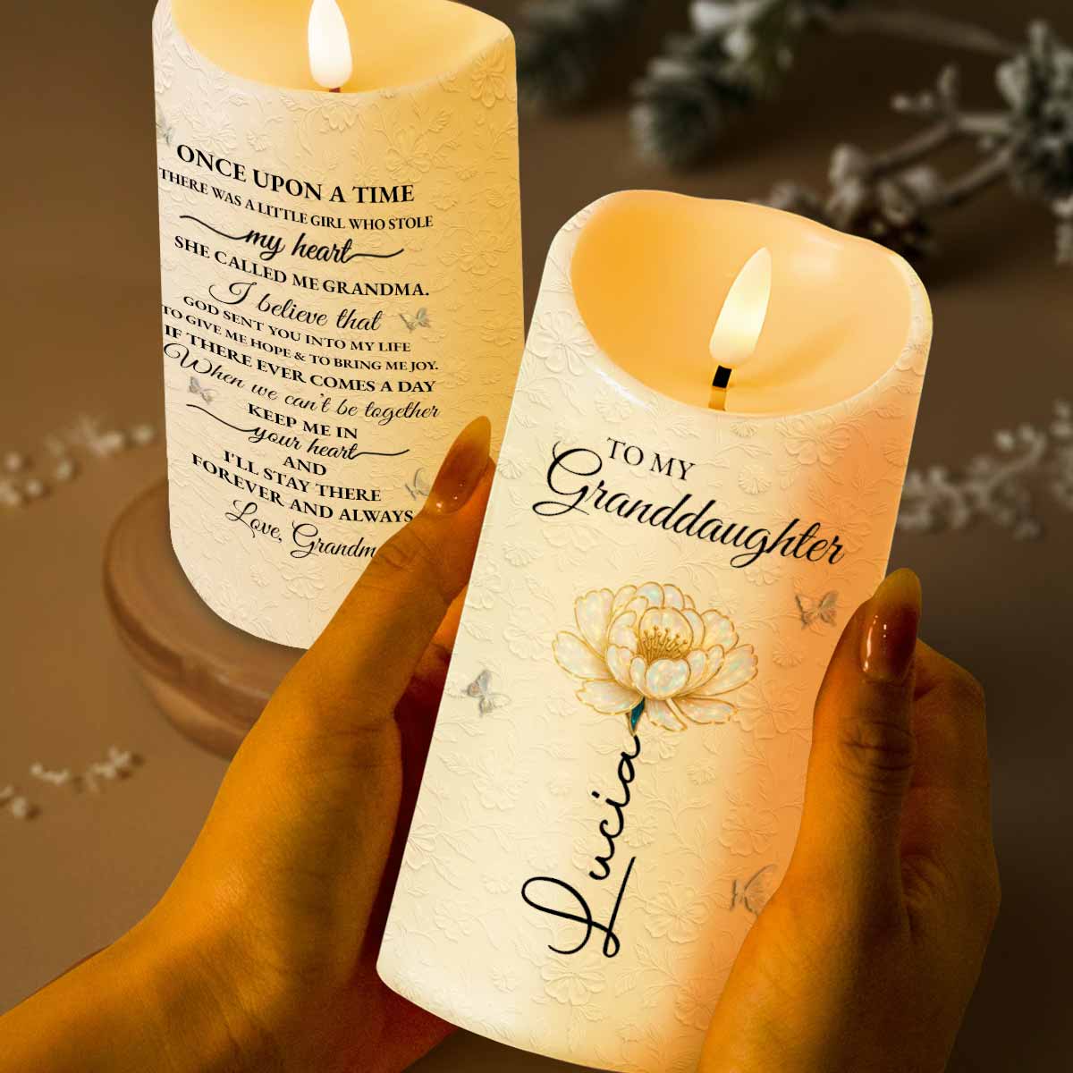 To My Granddaughter, Once Upon A Time, Flower And Butterfly - Personalized Custom LED Candle - GDT389_LECA