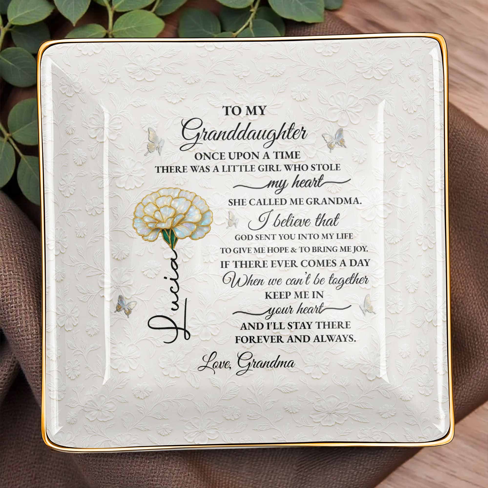 To My Granddaughter, Once Upon A Time, Floral Design - Personalized Custom Jewelry Dish, Ceramic Dish, Square Shape - GDT389_SCRF