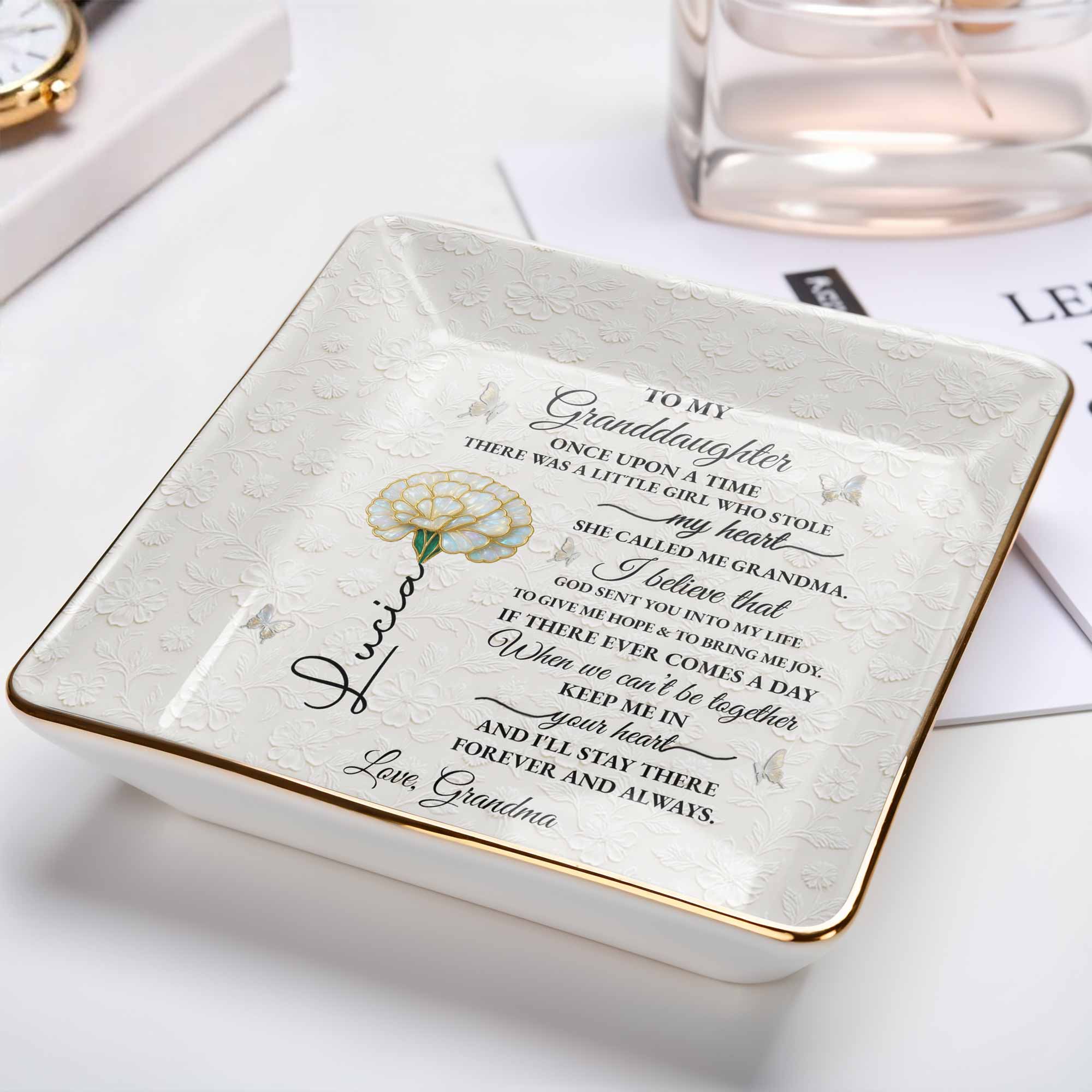 To My Granddaughter, Once Upon A Time, Floral Design - Personalized Custom Jewelry Dish, Ceramic Dish, Square Shape - GDT389_SCRF