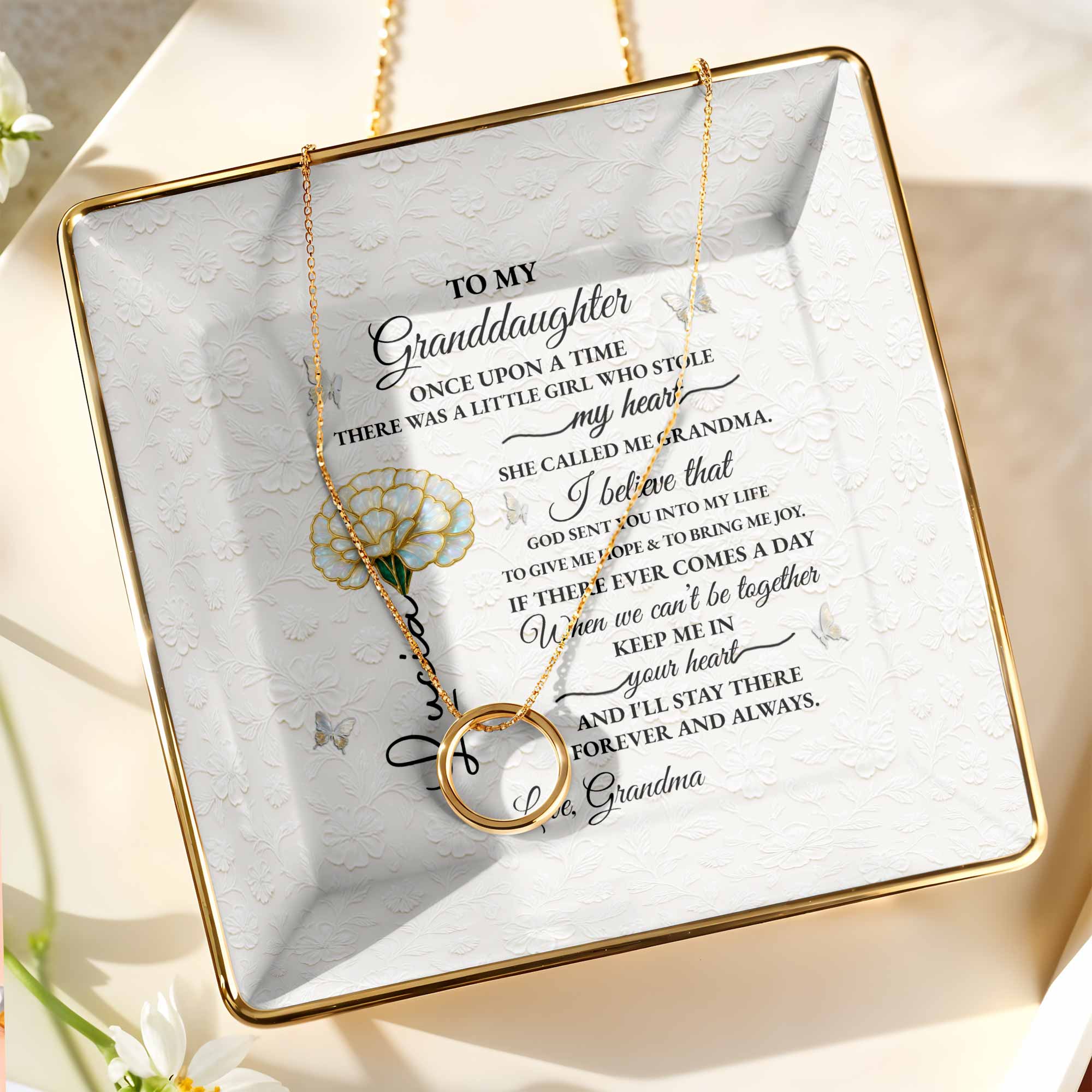 To My Granddaughter, Once Upon A Time, Floral Design - Personalized Custom Jewelry Dish, Ceramic Dish, Square Shape - GDT389_SCRF
