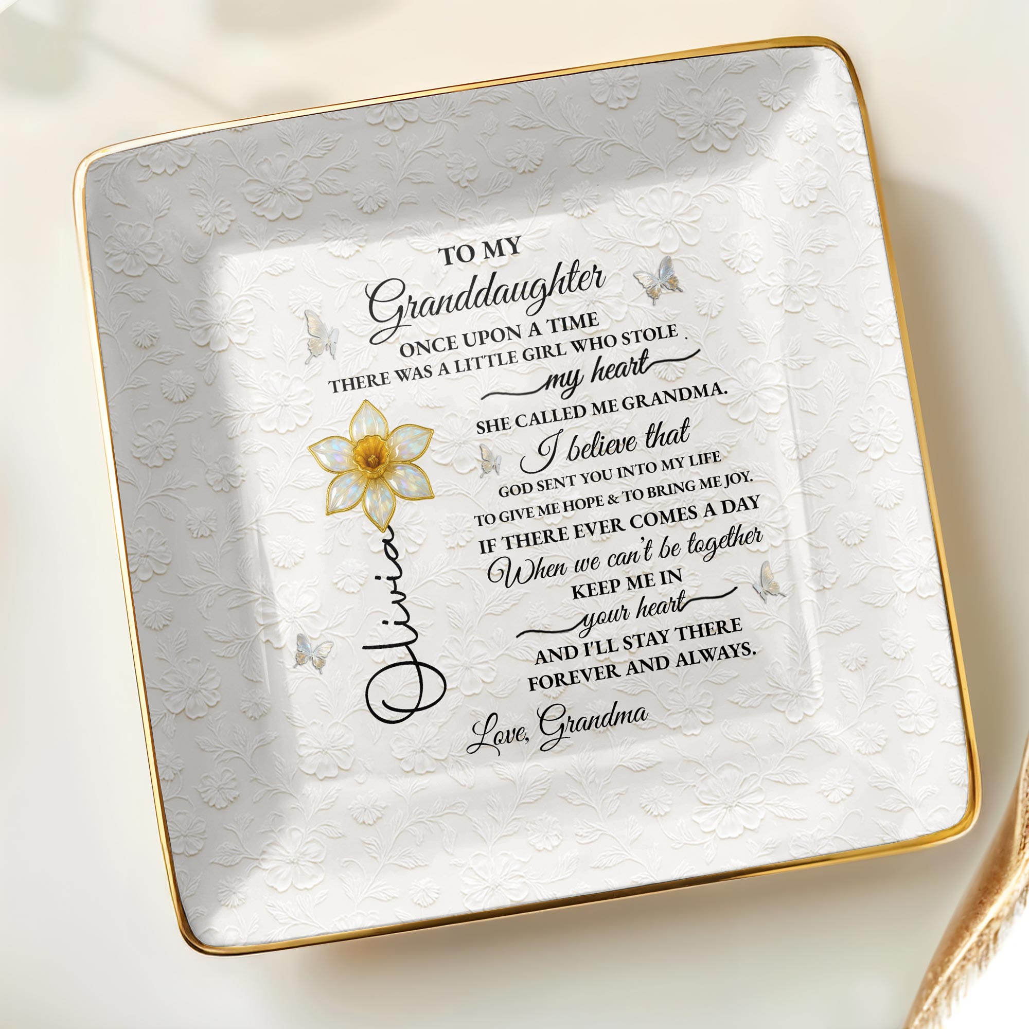 To My Granddaughter, Once Upon A Time, Floral Design - Personalized Custom Jewelry Dish, Ceramic Dish, Square Shape - GDT389_SCRF