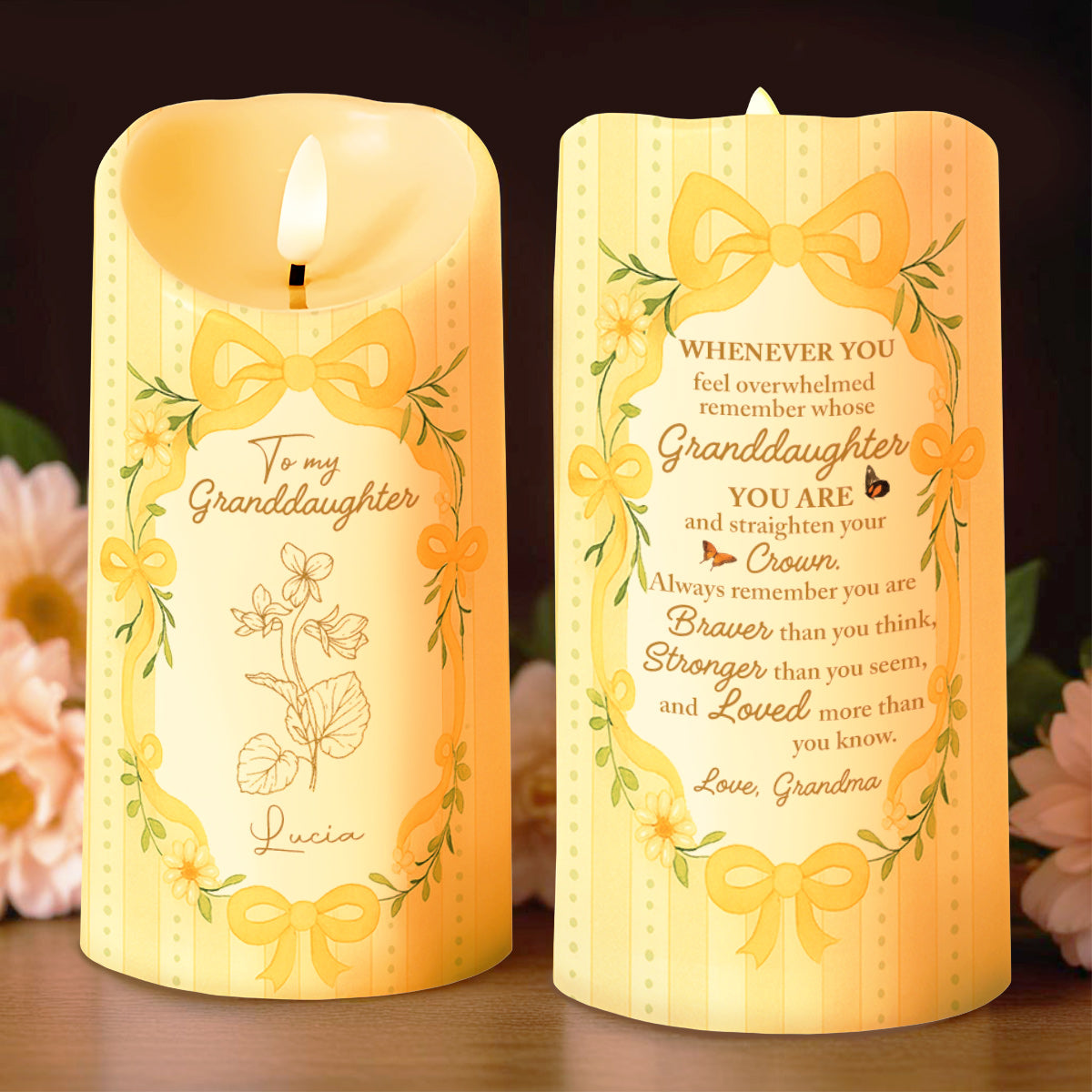 Remember Whose Granddaughter You Are, Flowers and Bows - Personalized Custom LED Candle - GDT390_LECA