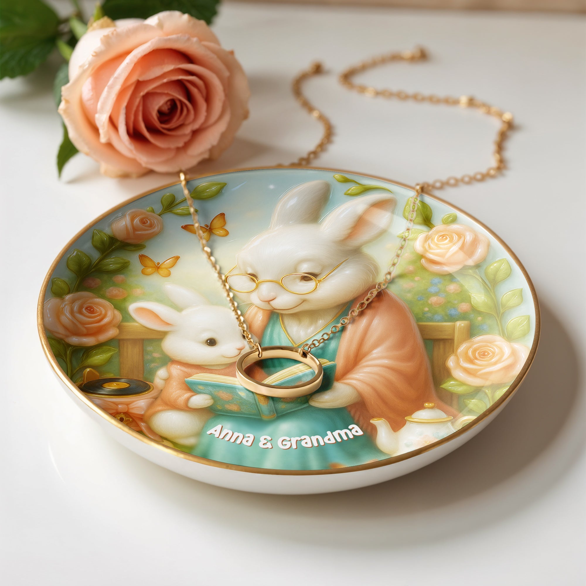 A Sweet Moment Between Grandma And Grandchild Reading - Personalized Custom Jewelry Dish, Ceramic Dish, Round Shape - GDT391_RCRF