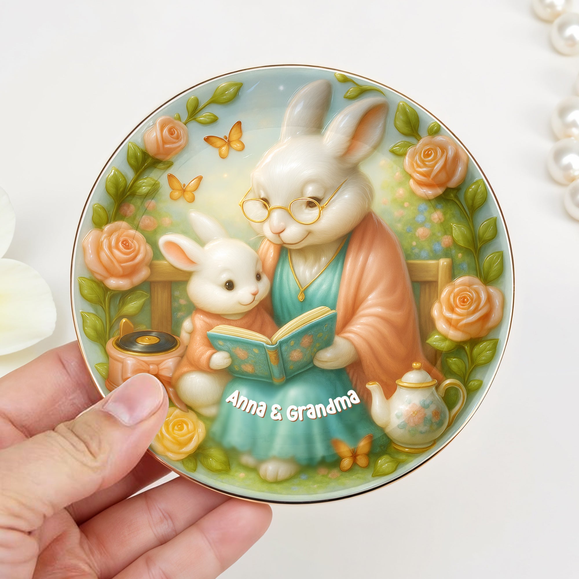 A Sweet Moment Between Grandma And Grandchild Reading - Personalized Custom Jewelry Dish, Ceramic Dish, Round Shape - GDT391_RCRF
