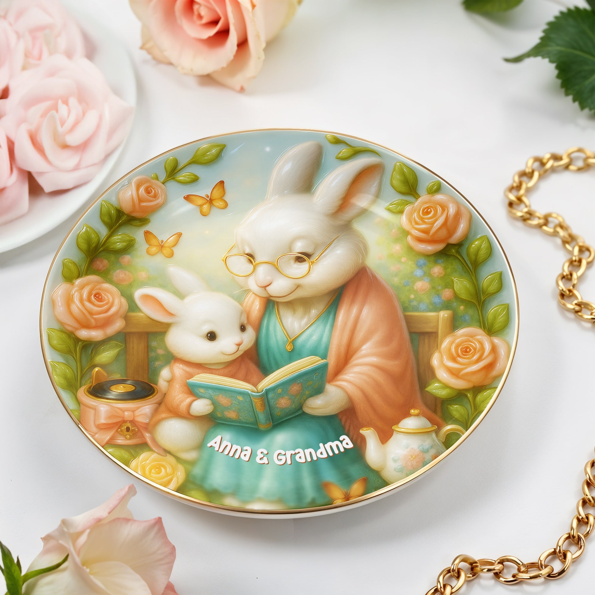 A Sweet Moment Between Grandma And Grandchild Reading - Personalized Custom Jewelry Dish, Ceramic Dish, Round Shape - GDT391_RCRF