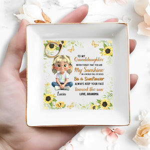 To My Granddaughter, Be A Sunflower With Sunshine And Roses - Personalized Custom Jewelry Dish, Square Ceramic Dish - GDT392_SCRD