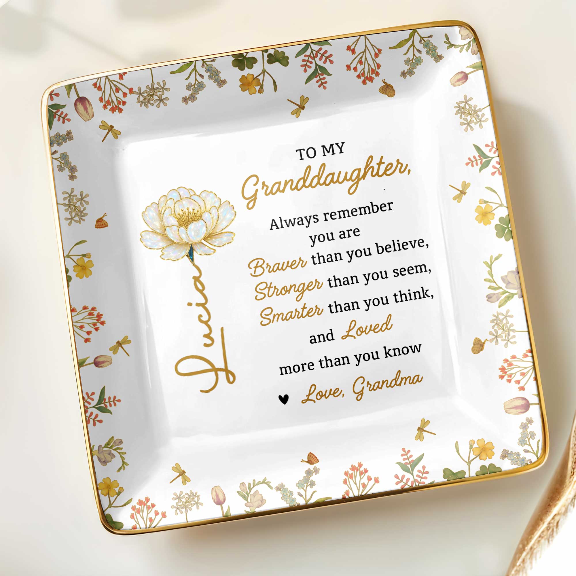 To My Granddaughter, Braver, Stronger, Loved - Personalized Custom Jewelry Dish, Ceramic Dish, Square Shape - GDT395_SCRF