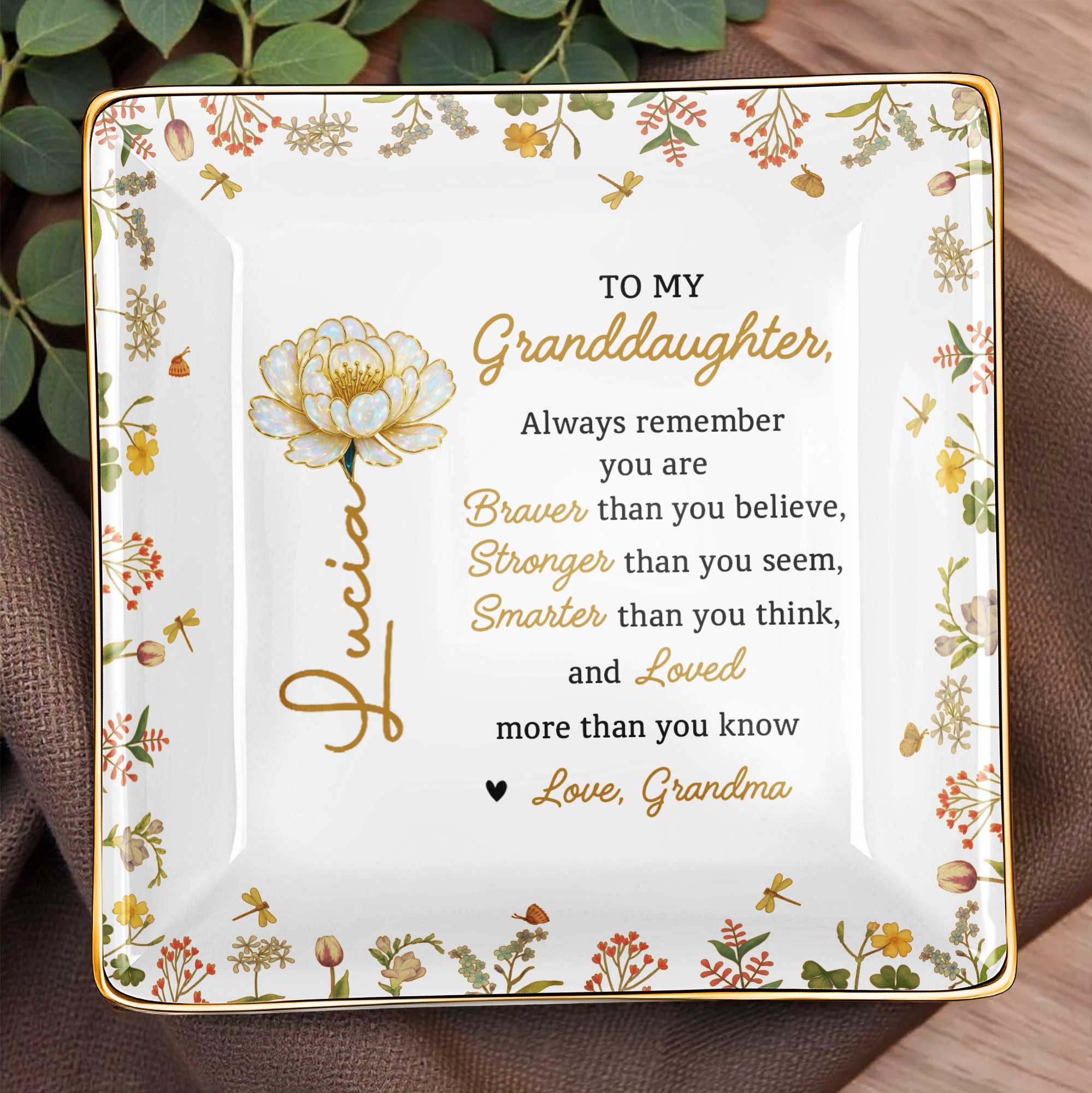 To My Granddaughter, Braver, Stronger, Loved - Personalized Custom Jewelry Dish, Ceramic Dish, Square Shape - GDT395_SCRF