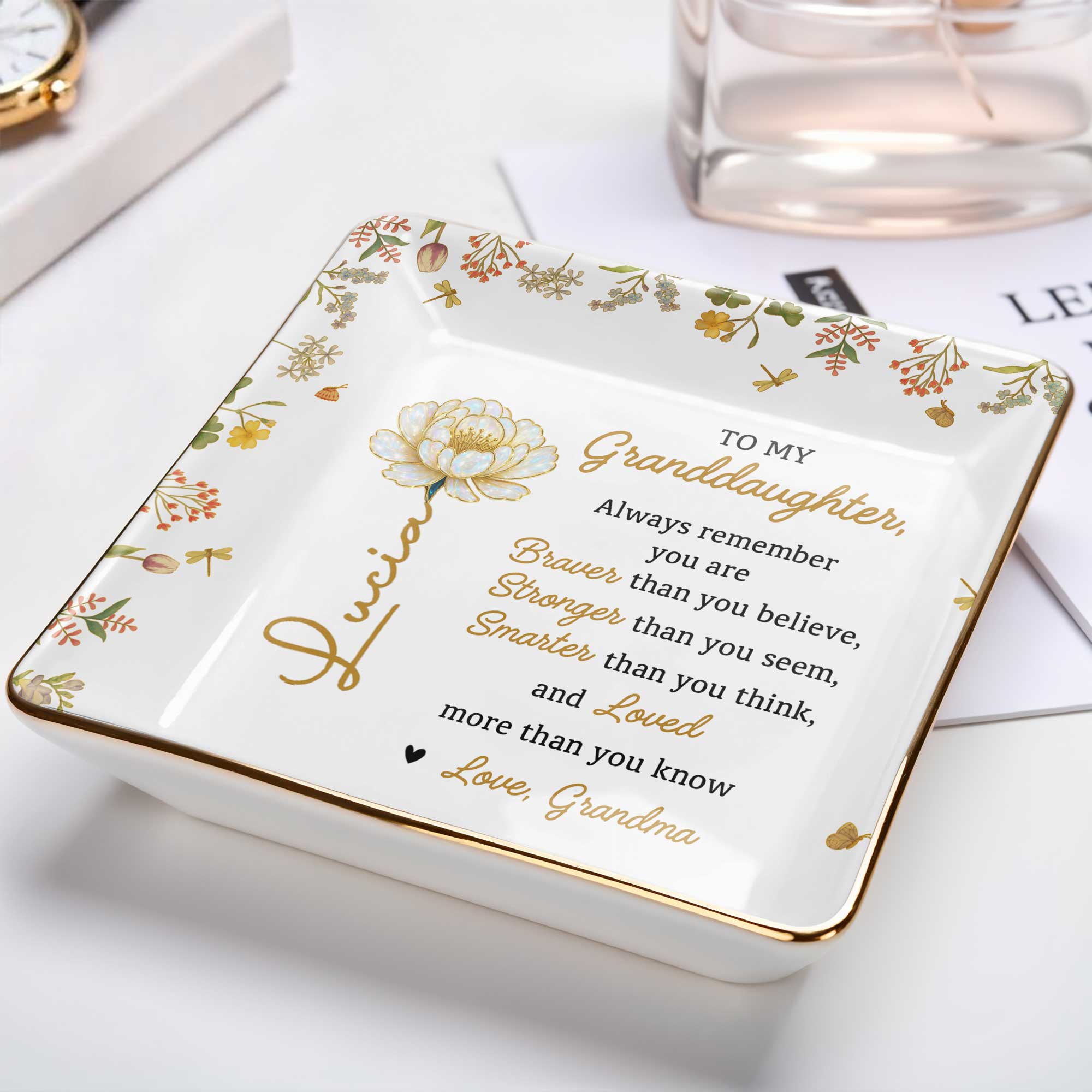 To My Granddaughter, Braver, Stronger, Loved - Personalized Custom Jewelry Dish, Ceramic Dish, Square Shape - GDT395_SCRF