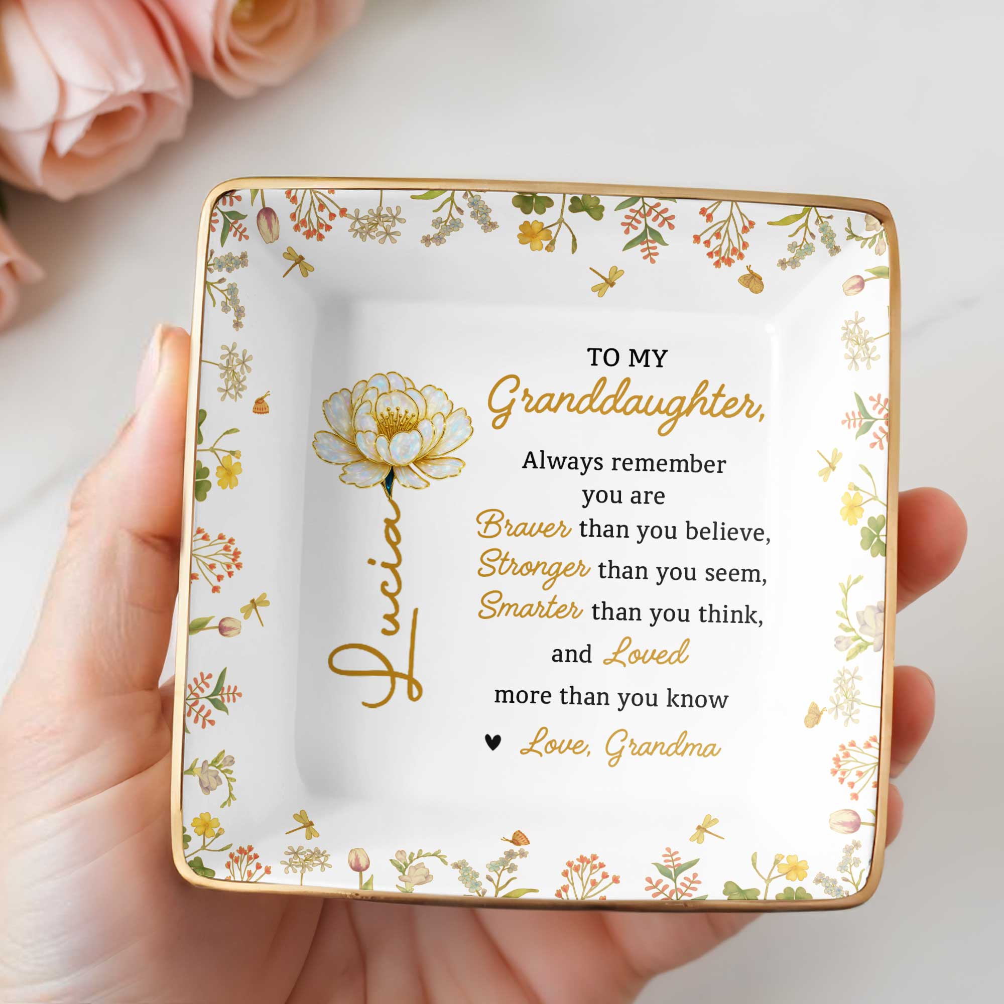 To My Granddaughter, Braver, Stronger, Loved - Personalized Custom Jewelry Dish, Ceramic Dish, Square Shape - GDT395_SCRF