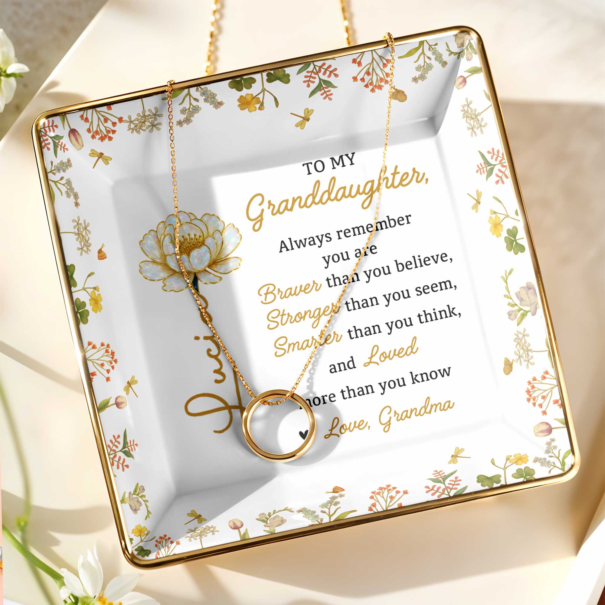 To My Granddaughter, Braver, Stronger, Loved - Personalized Custom Jewelry Dish, Ceramic Dish, Square Shape - GDT395_SCRF