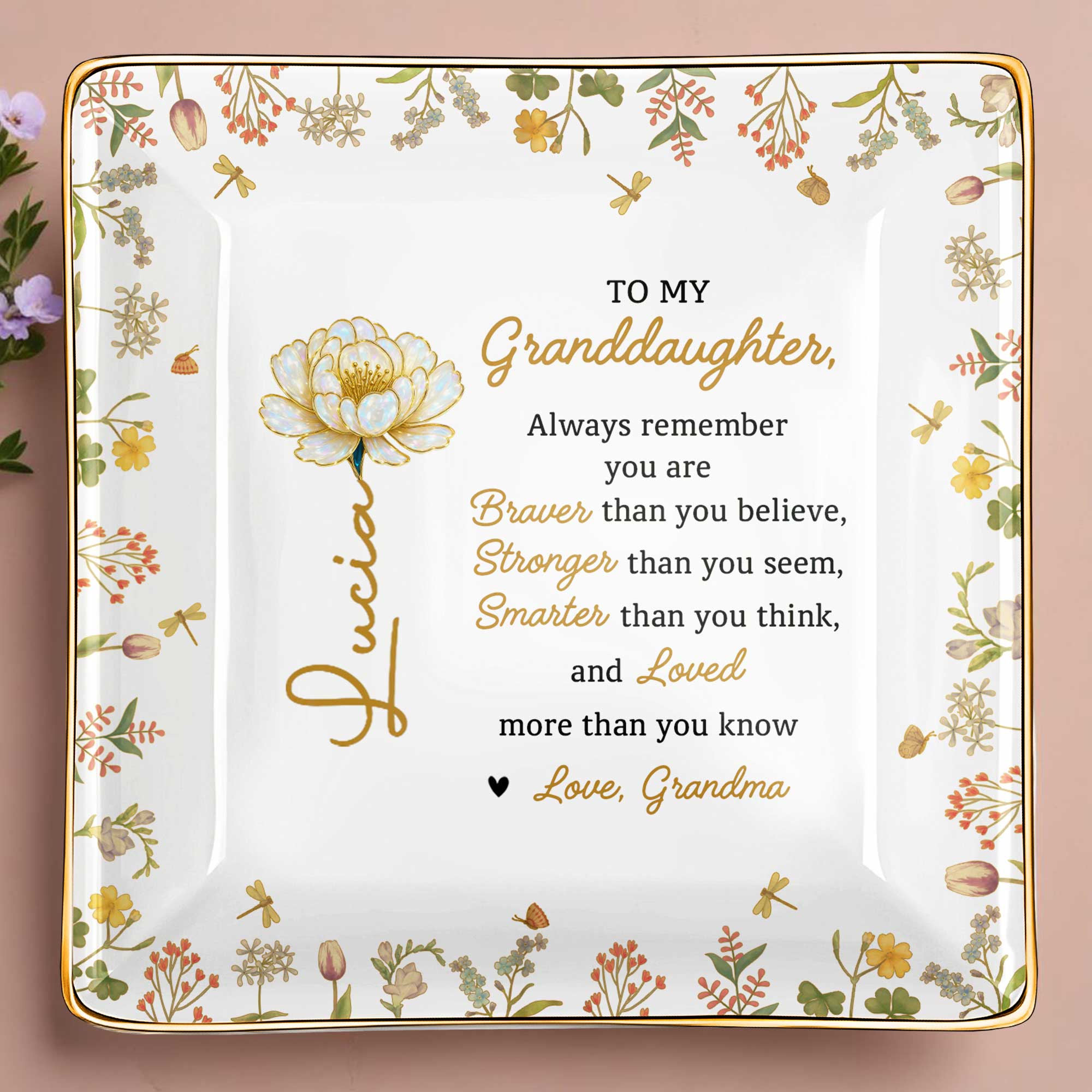 To My Granddaughter, Braver, Stronger, Loved - Personalized Custom Jewelry Dish, Ceramic Dish, Square Shape - GDT395_SCRF