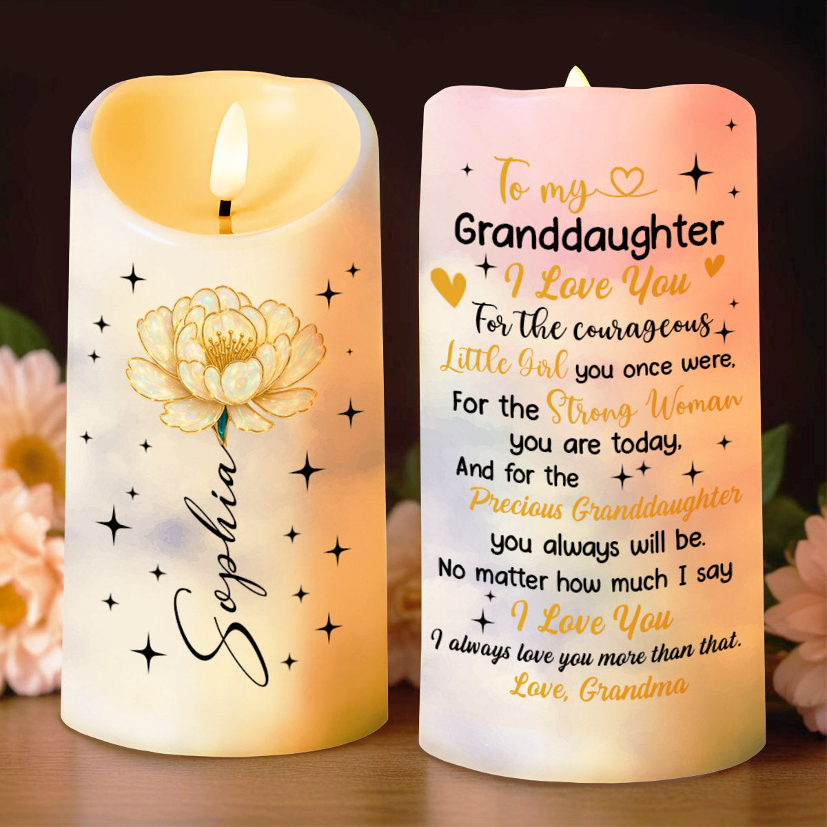 To My Granddaughter, I Love You, Flower And Stars Design - Personalized Custom LED Candle - GDT396_LECA