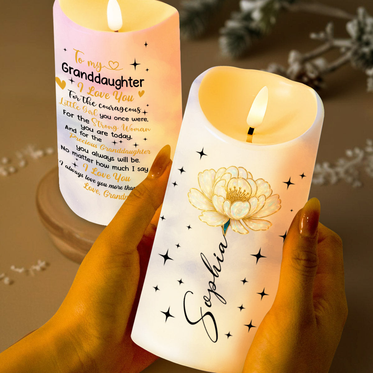 To My Granddaughter, I Love You, Flower And Stars Design - Personalized Custom LED Candle - GDT396_LECA
