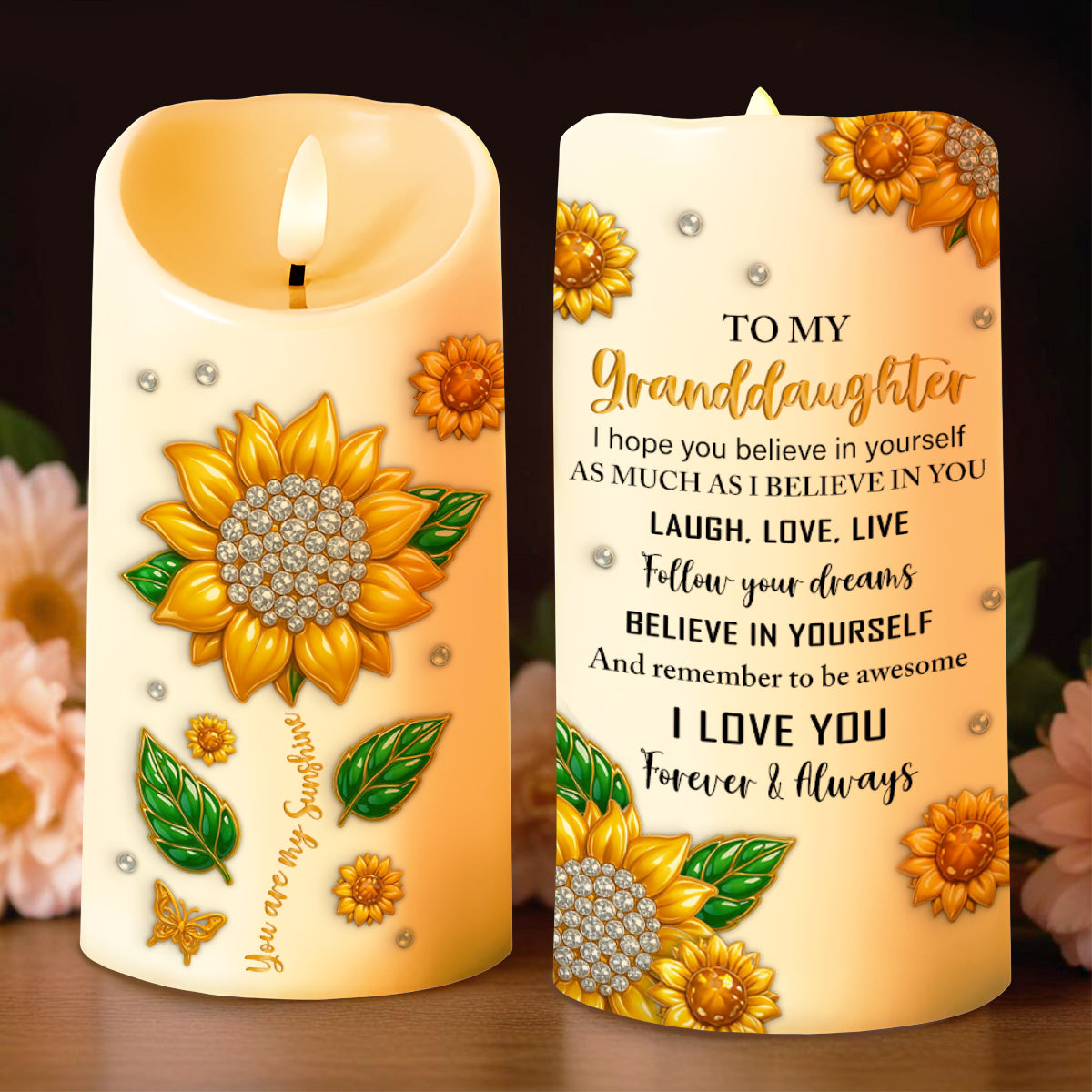 To My Granddaughter Believe In Yourself With Sunflowers - Personalized Custom LED Candle - GDT398_LECA