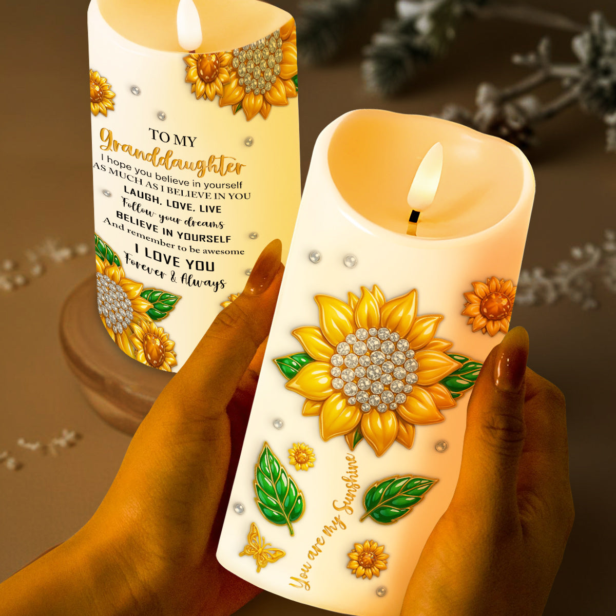 To My Granddaughter Believe In Yourself With Sunflowers - Personalized Custom LED Candle - GDT398_LECA