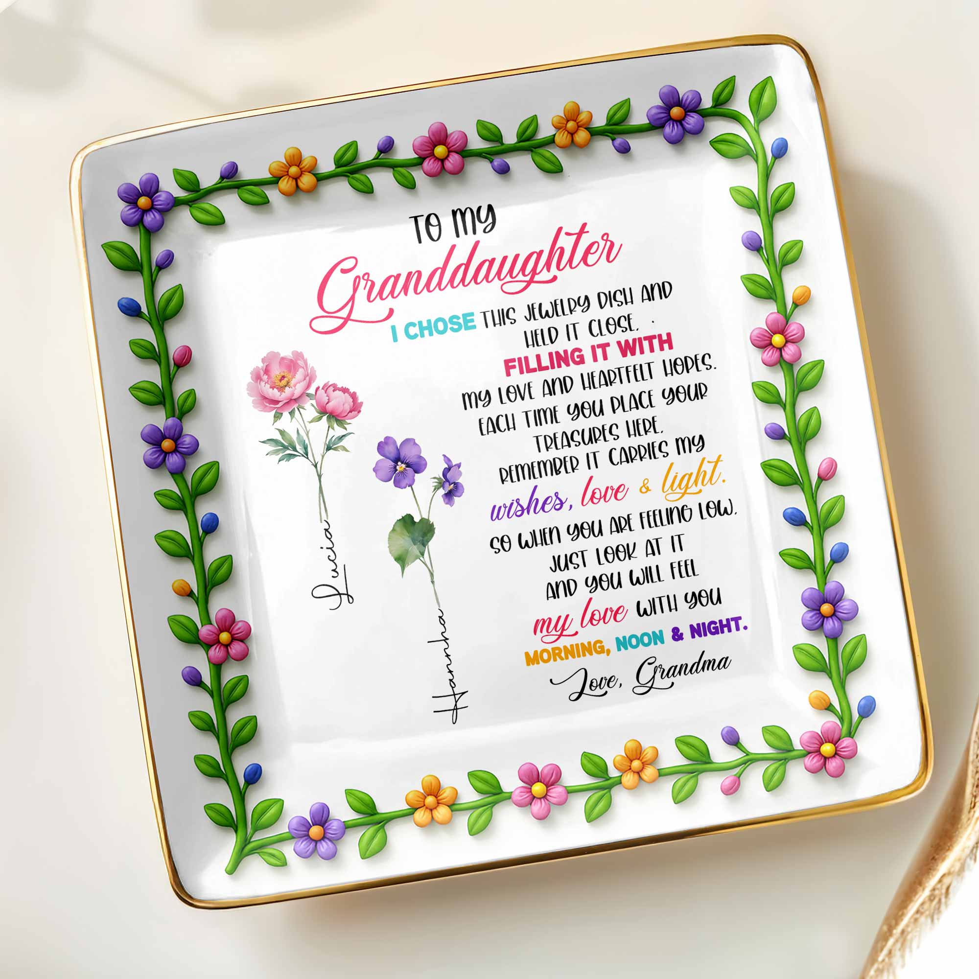 To My Granddaughter, Love & Light Ceramic Square Dish - Personalized Custom Jewelry Dish, Ceramic Dish, Square Shape - GDT400_SCRF