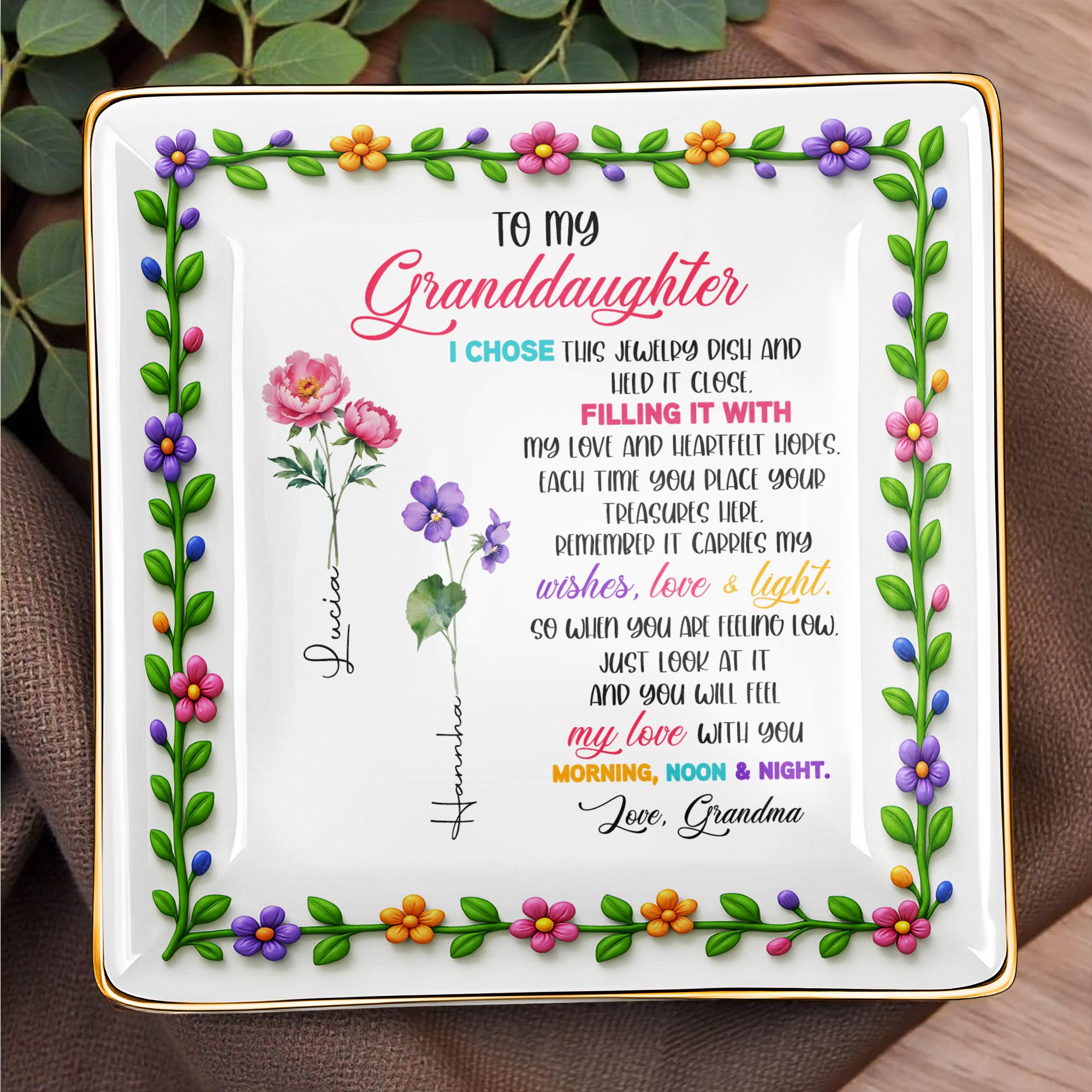 To My Granddaughter, Love & Light Ceramic Square Dish - Personalized Custom Jewelry Dish, Ceramic Dish, Square Shape - GDT400_SCRF