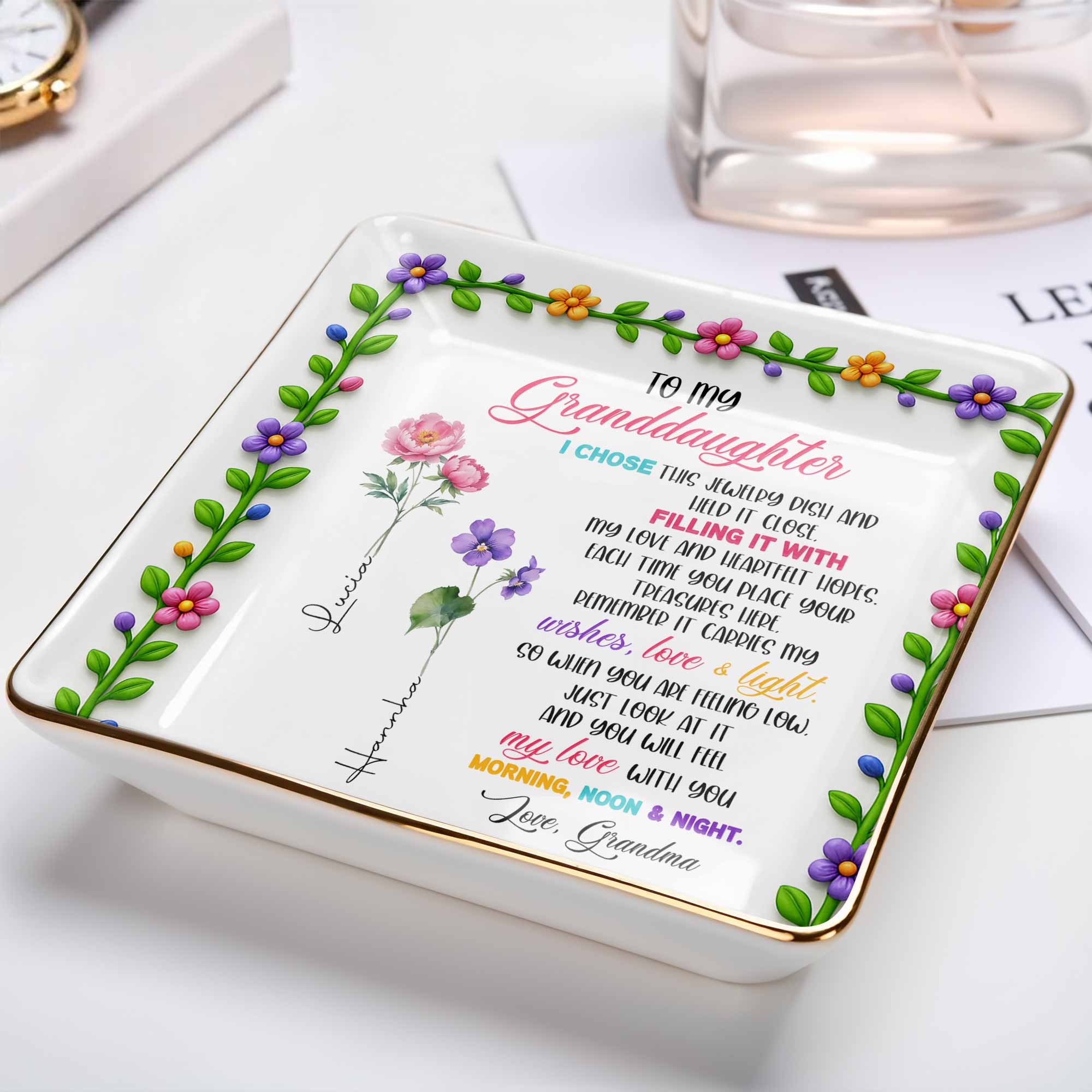 To My Granddaughter, Love & Light Ceramic Square Dish - Personalized Custom Jewelry Dish, Ceramic Dish, Square Shape - GDT400_SCRF