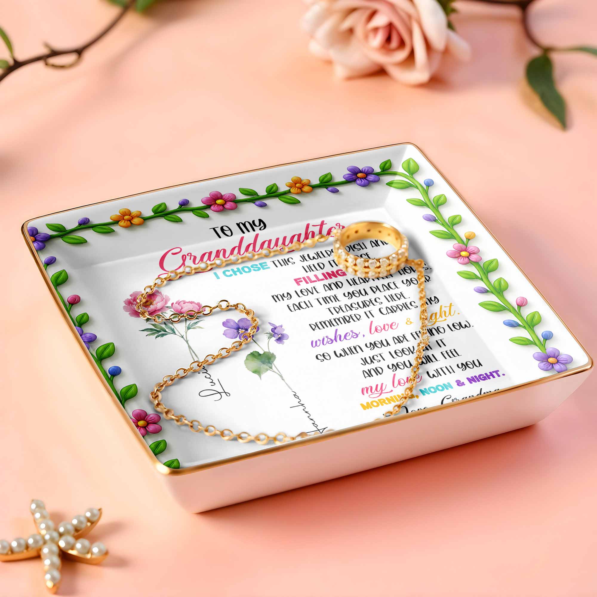To My Granddaughter, Love & Light Ceramic Square Dish - Personalized Custom Jewelry Dish, Ceramic Dish, Square Shape - GDT400_SCRF