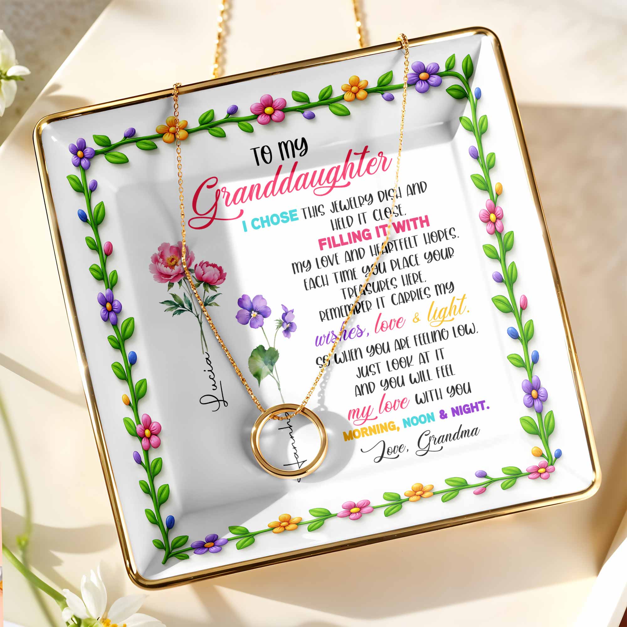 To My Granddaughter, Love & Light Ceramic Square Dish - Personalized Custom Jewelry Dish, Ceramic Dish, Square Shape - GDT400_SCRF