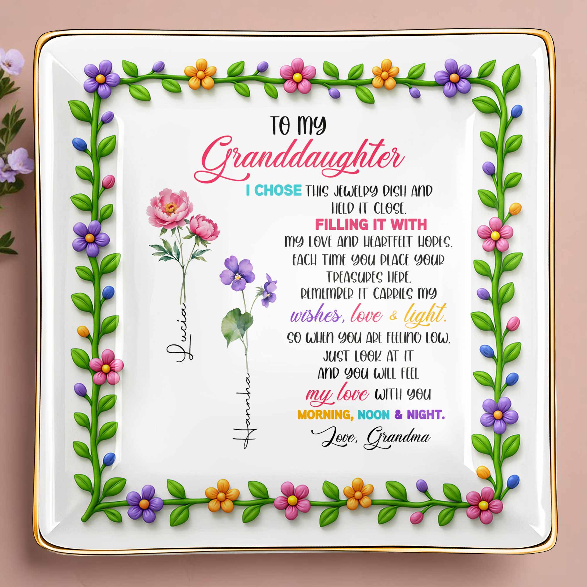 To My Granddaughter, Love & Light Ceramic Square Dish - Personalized Custom Jewelry Dish, Ceramic Dish, Square Shape - GDT400_SCRF