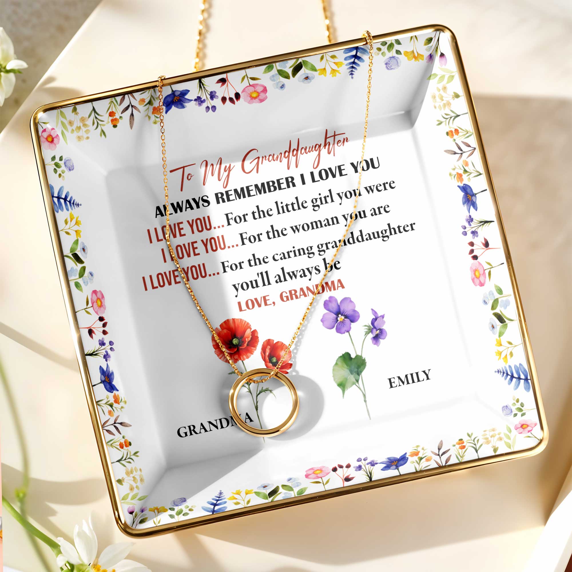 To My Granddaughter, Remember I Love You, Floral Design - Personalized Custom Jewelry Dish, Ceramic Dish, Square Shape - GDT403_SCRF