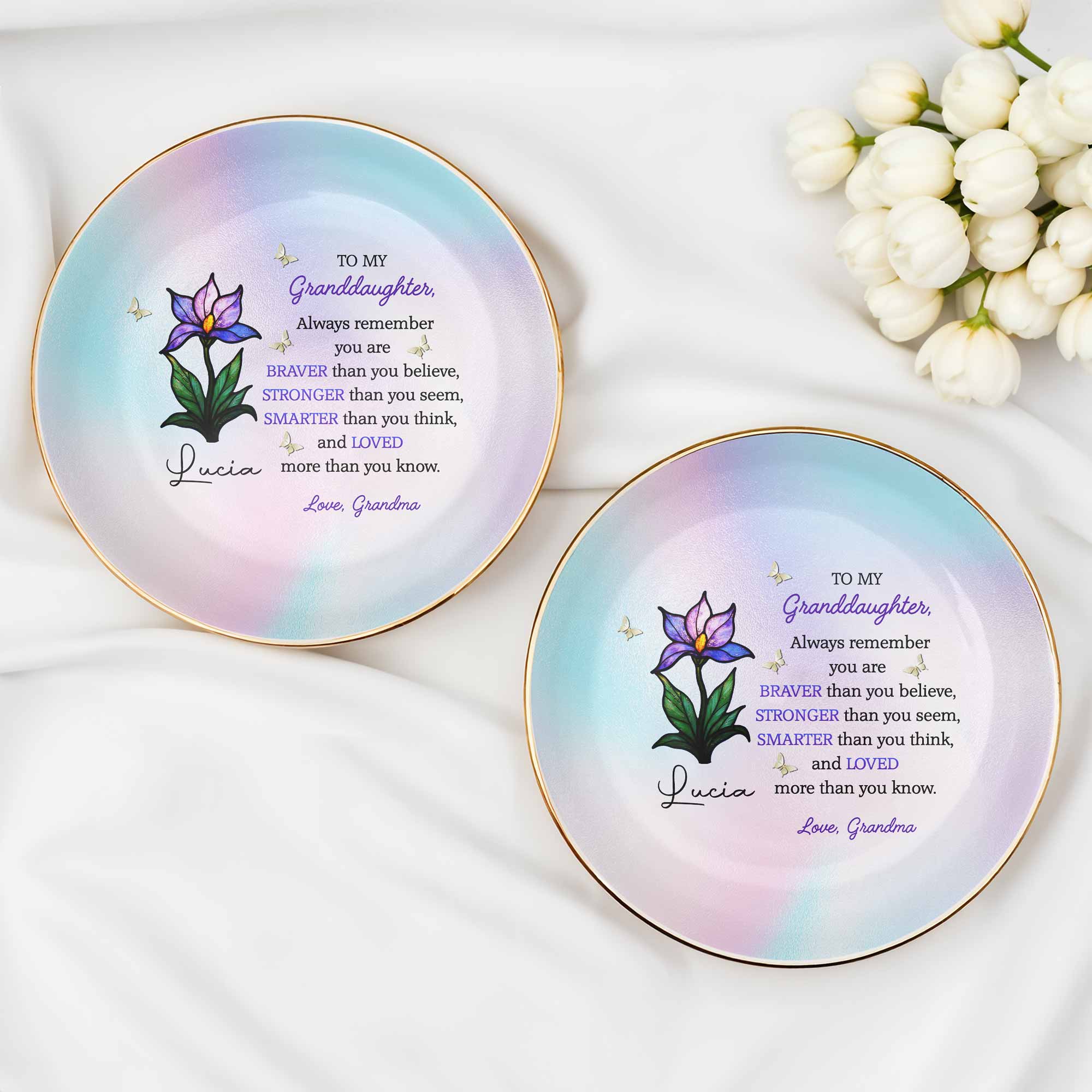 To My Granddaughter, Always Remember You Are Braver, Flower And Butterfly - Personalized Custom Jewelry Dish, Ceramic Dish, Round Shape - GDT405_RCRF