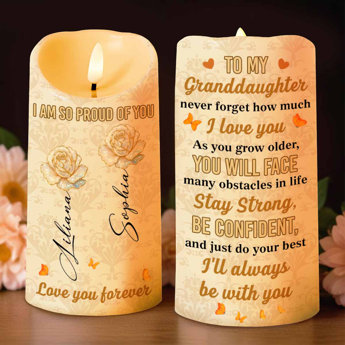 Proud Of You, Roses And Butterflies - Personalized Custom LED Candle - GDT409_LECA