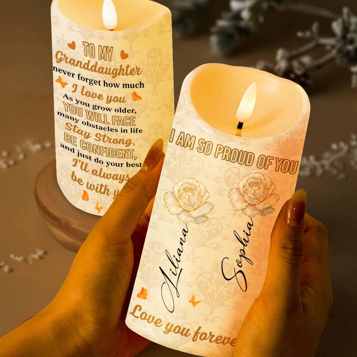 Proud Of You, Roses And Butterflies - Personalized Custom LED Candle - GDT409_LECA
