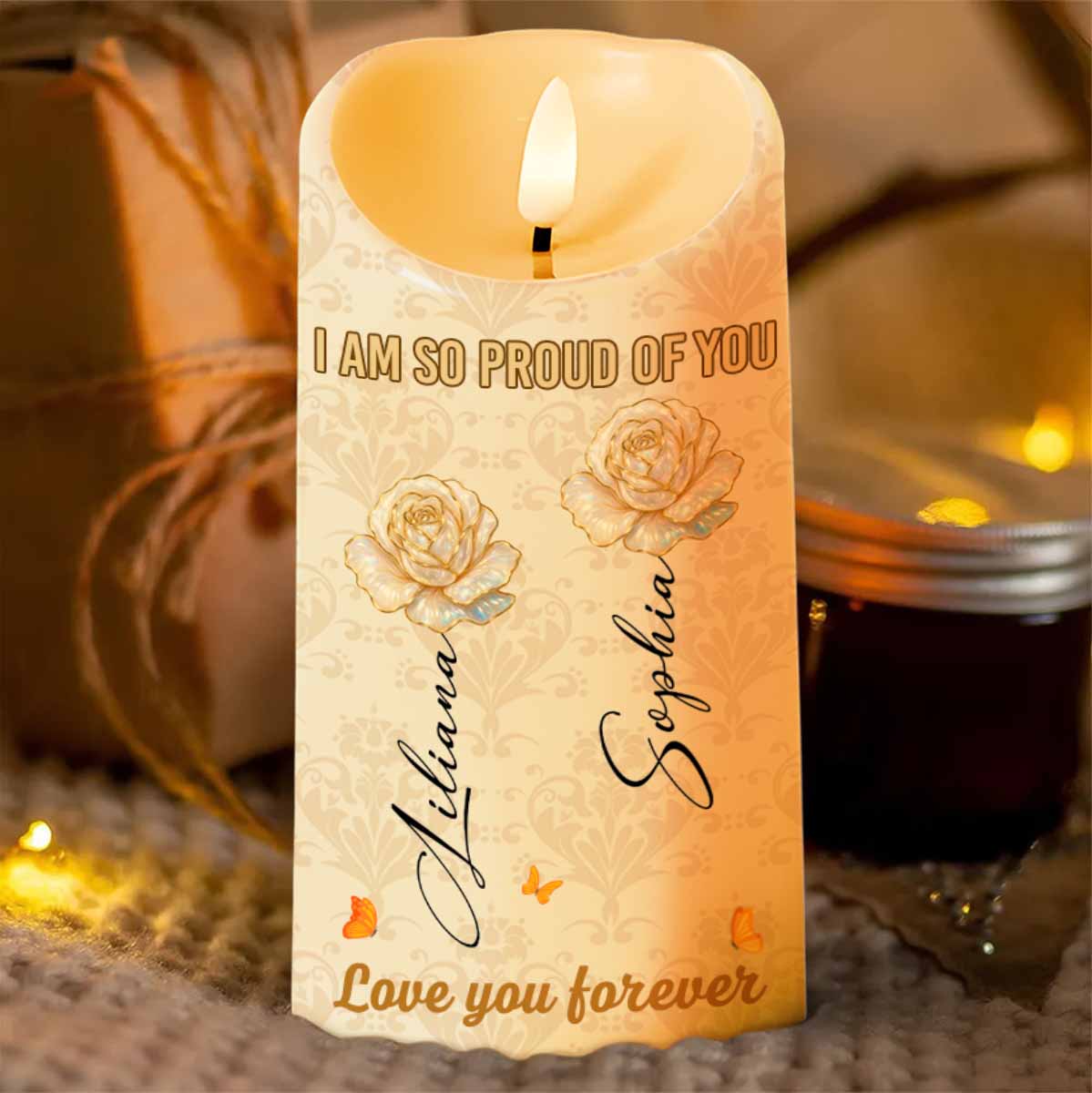 Proud Of You, Roses And Butterflies - Personalized Custom LED Candle - GDT409_LECA