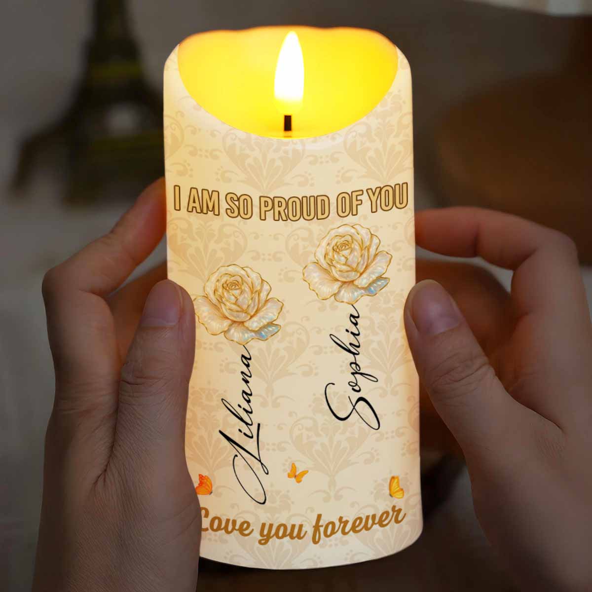 Proud Of You, Roses And Butterflies - Personalized Custom LED Candle - GDT409_LECA