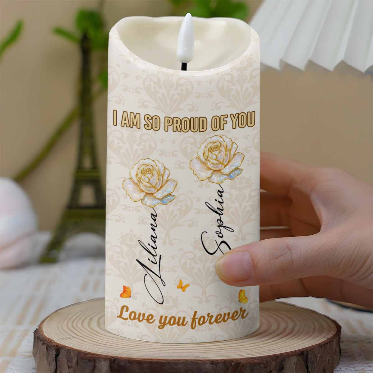 Proud Of You, Roses And Butterflies - Personalized Custom LED Candle - GDT409_LECA