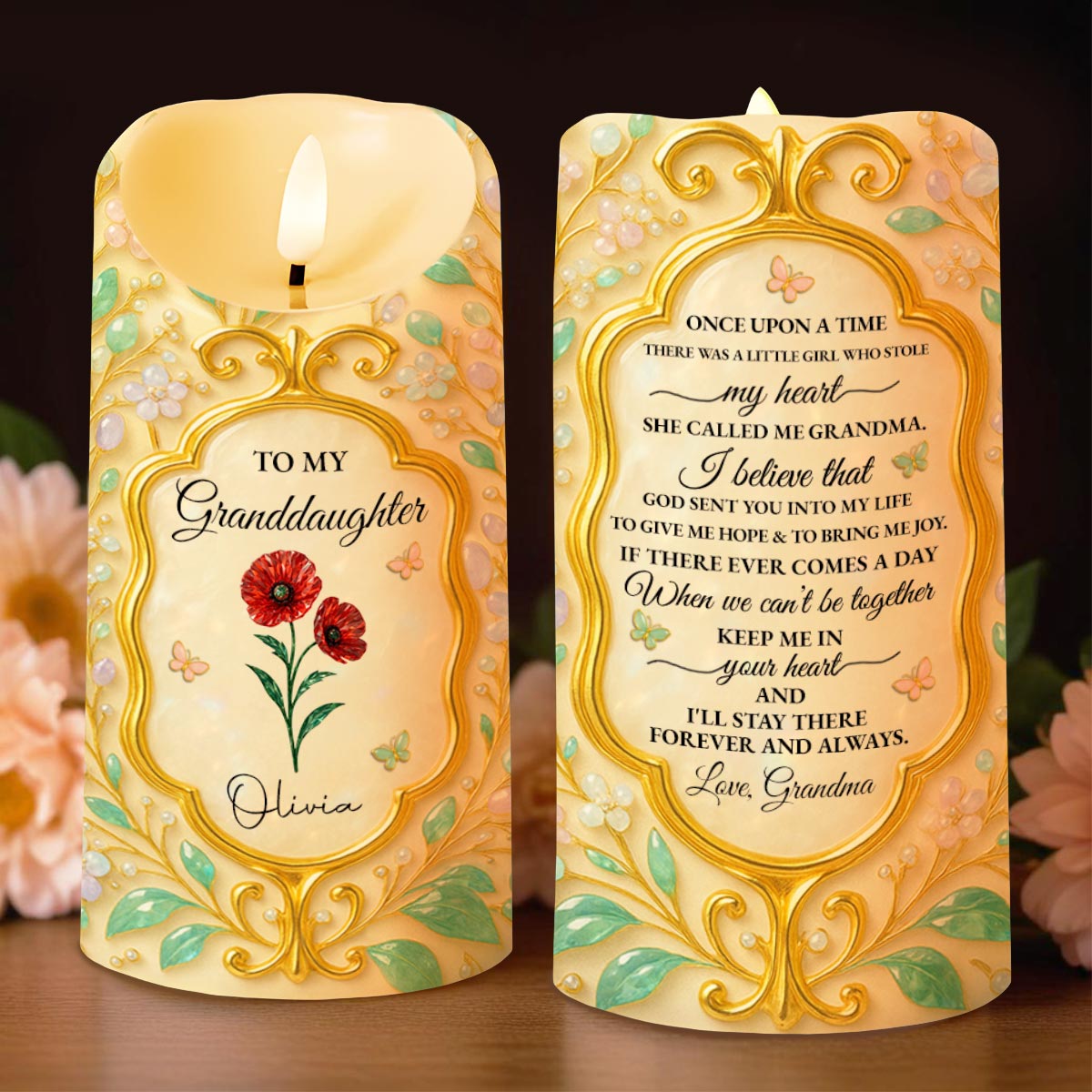 To My Granddaughter, Love Always, Flowers And Leaves Design - Personalized Custom LED Candle - GDT416_LECA
